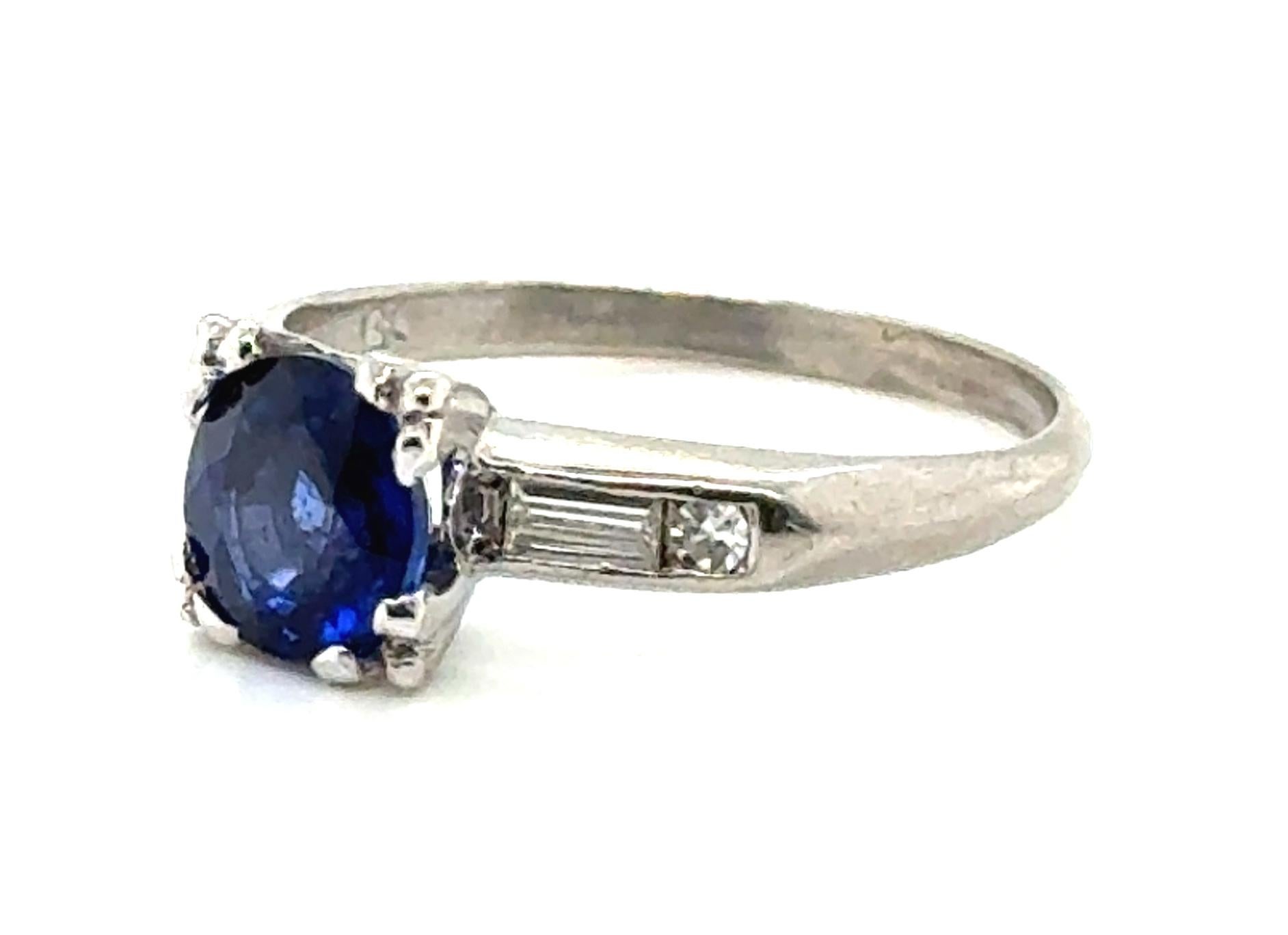 Art Decó Zafiro Diamante Anillo de Compromiso 1,37ct Platino Antiguo Años 1930 Corte redondo en venta