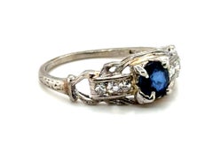 Anillo de Compromiso Art Decó Zafiro Diamante .68ct Platino Antiguo Bishop & Bishop