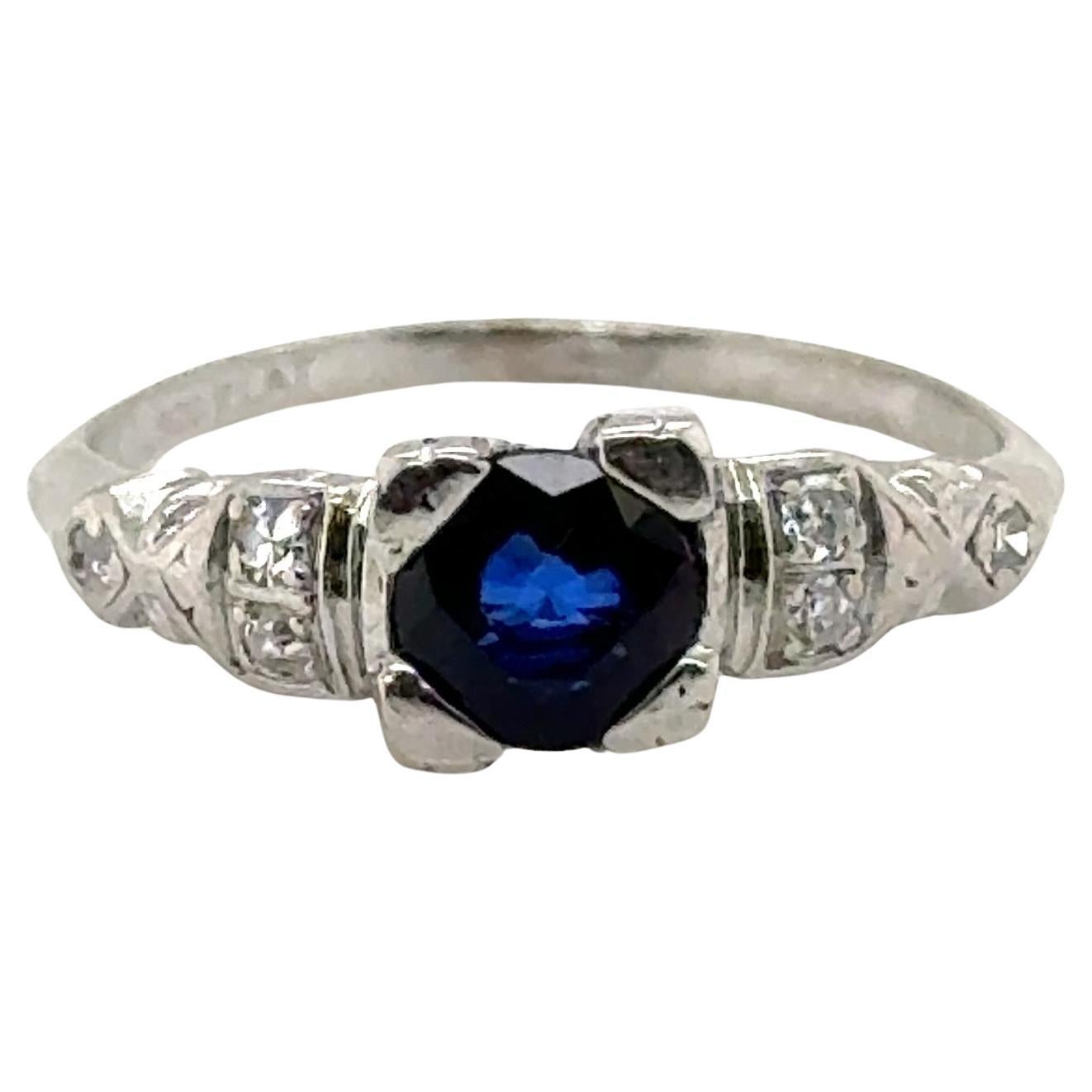 Art Deco Sapphire Diamond Engagement Ring .76ct Original 1930 Antique Platinum