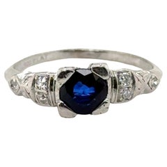 Art Deco Sapphire Diamond Engagement Ring .76ct Original 1930 Vintage Platinum