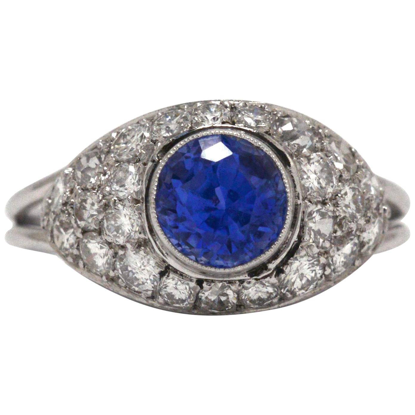 Art Deco Style 1 Carat Blue Sapphire Diamond Engagement Ring Dome Blue Gemstone