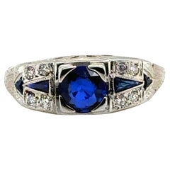 Art Deco Sapphire Diamond Engagement Ring French Cut 1.33ct Original 1930s 18K