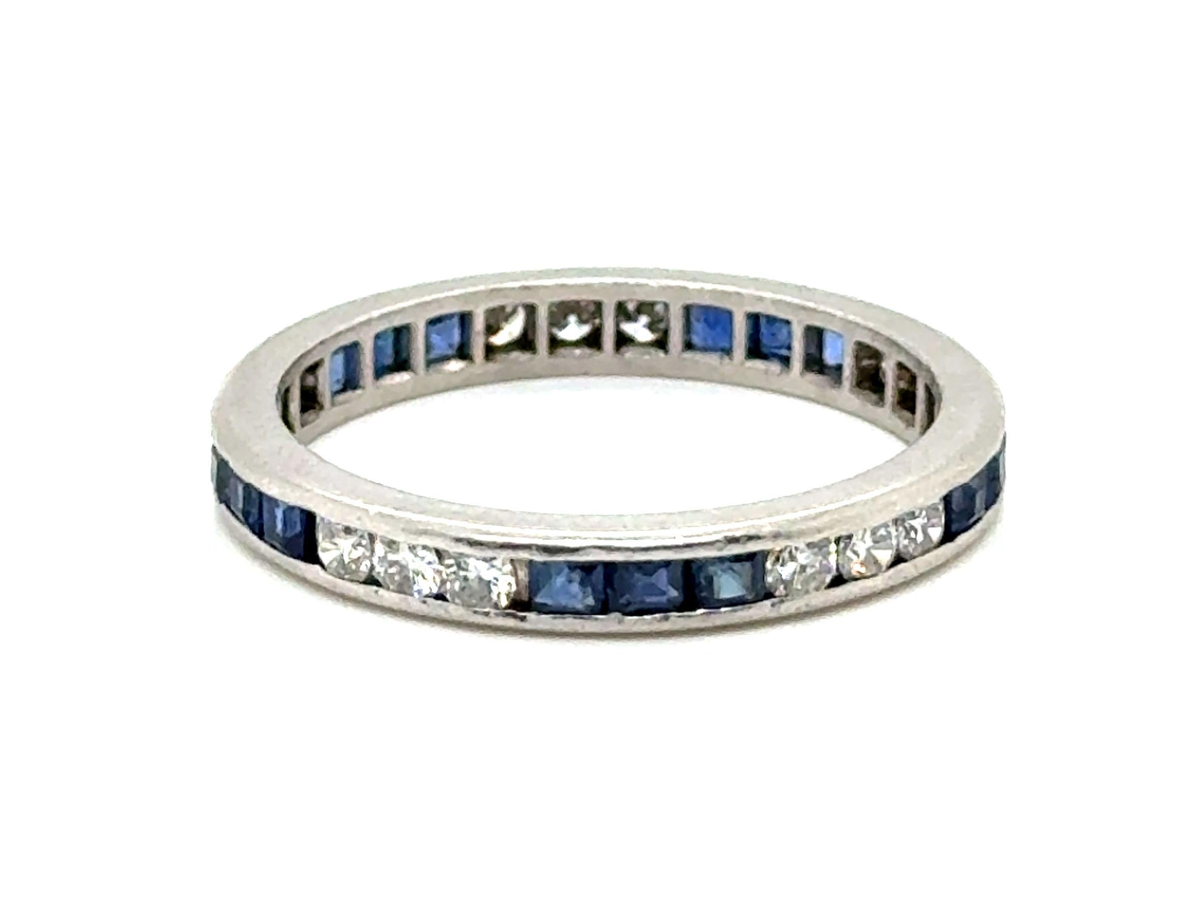 French Cut Art Deco Sapphire Diamond Eternity Band Wedding Ring 1.50ct Platinum 1940's For Sale