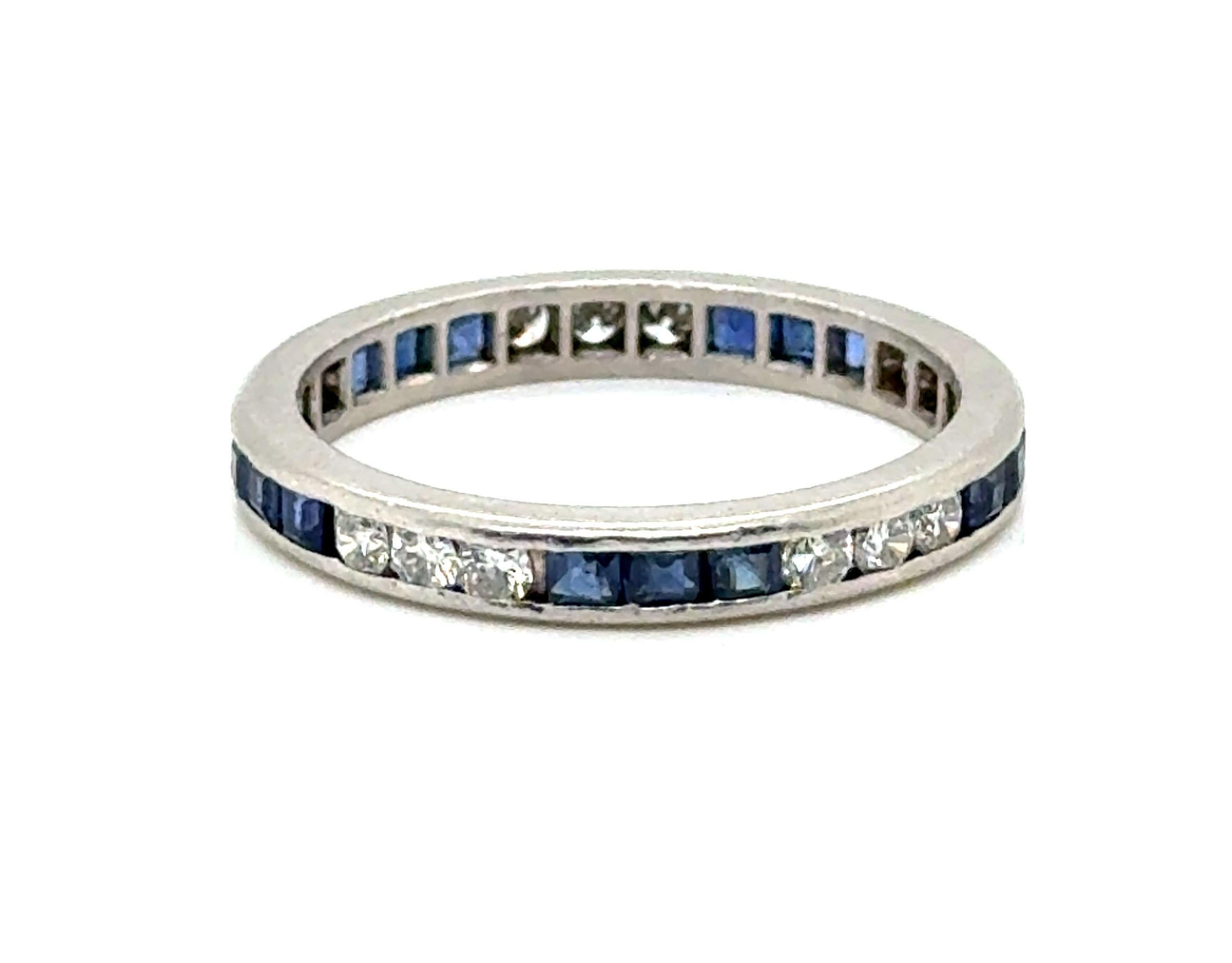 Art Deco Sapphire Diamond Eternity Band Wedding Ring 1.50ct Platinum 1940's In Excellent Condition For Sale In Dearborn, MI