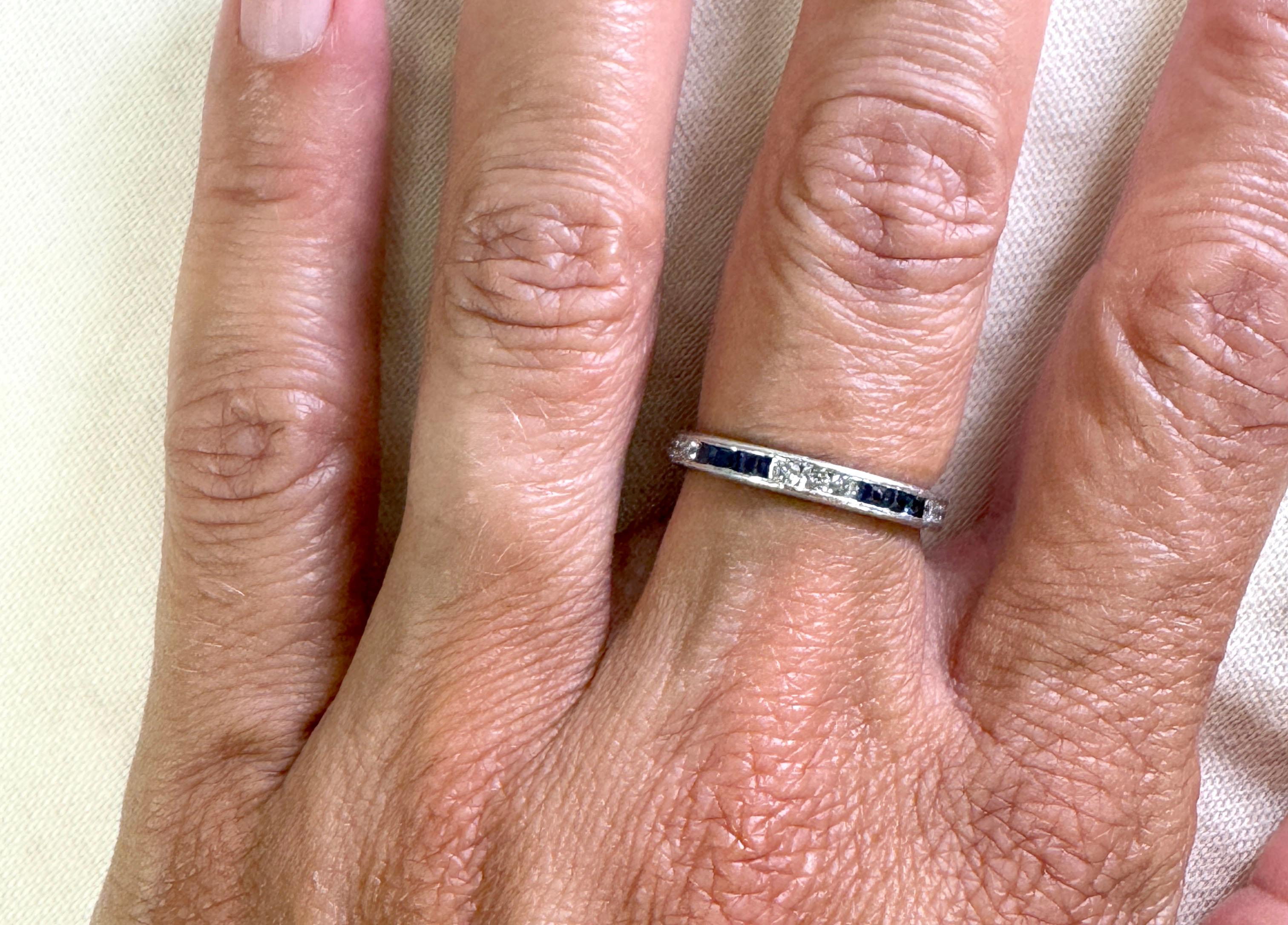 Women's Art Deco Sapphire Diamond Eternity Band Wedding Ring 1.50ct Platinum 1940's For Sale