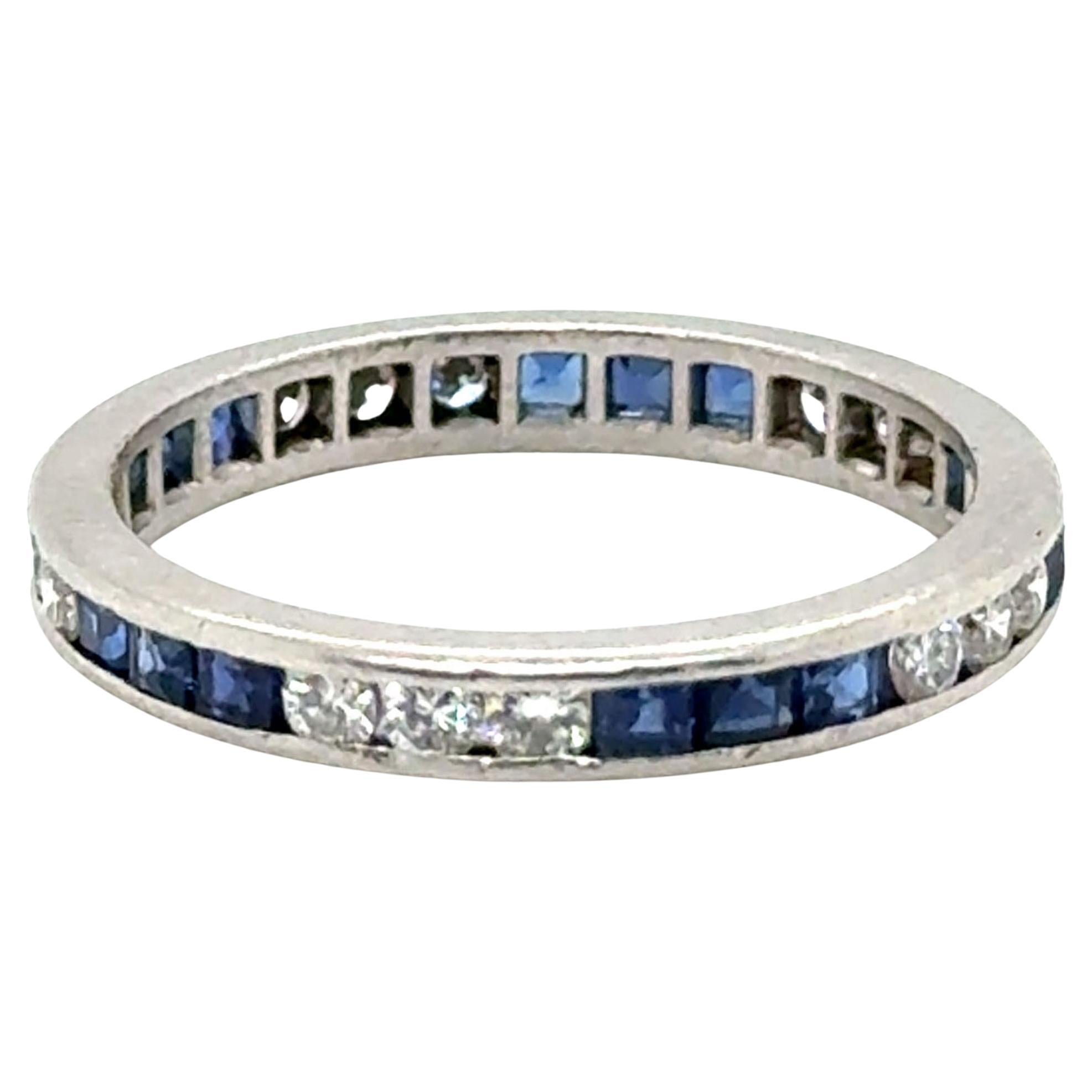Art Deco Saphir Diamond Eternity Band Wedding Ring 1.50ct Platinum 1940's