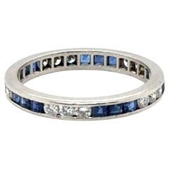 Art Deco Saphir Diamond Eternity Band Wedding Ring 1.50ct Platinum 1940's