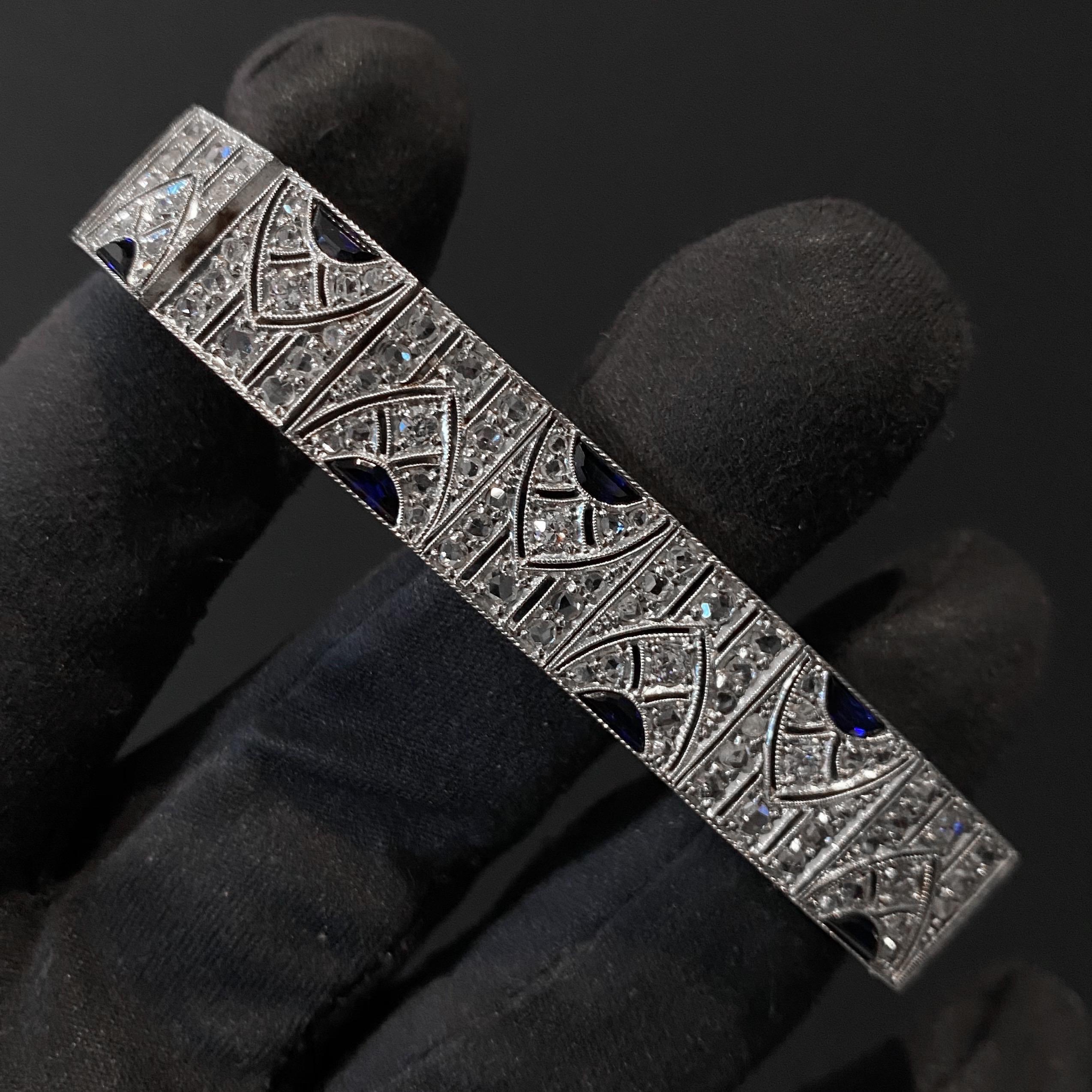 Art Deco Sapphire Diamond Geometric Bracelet Platinum Gold Portugal, 1920s-1930s 5
