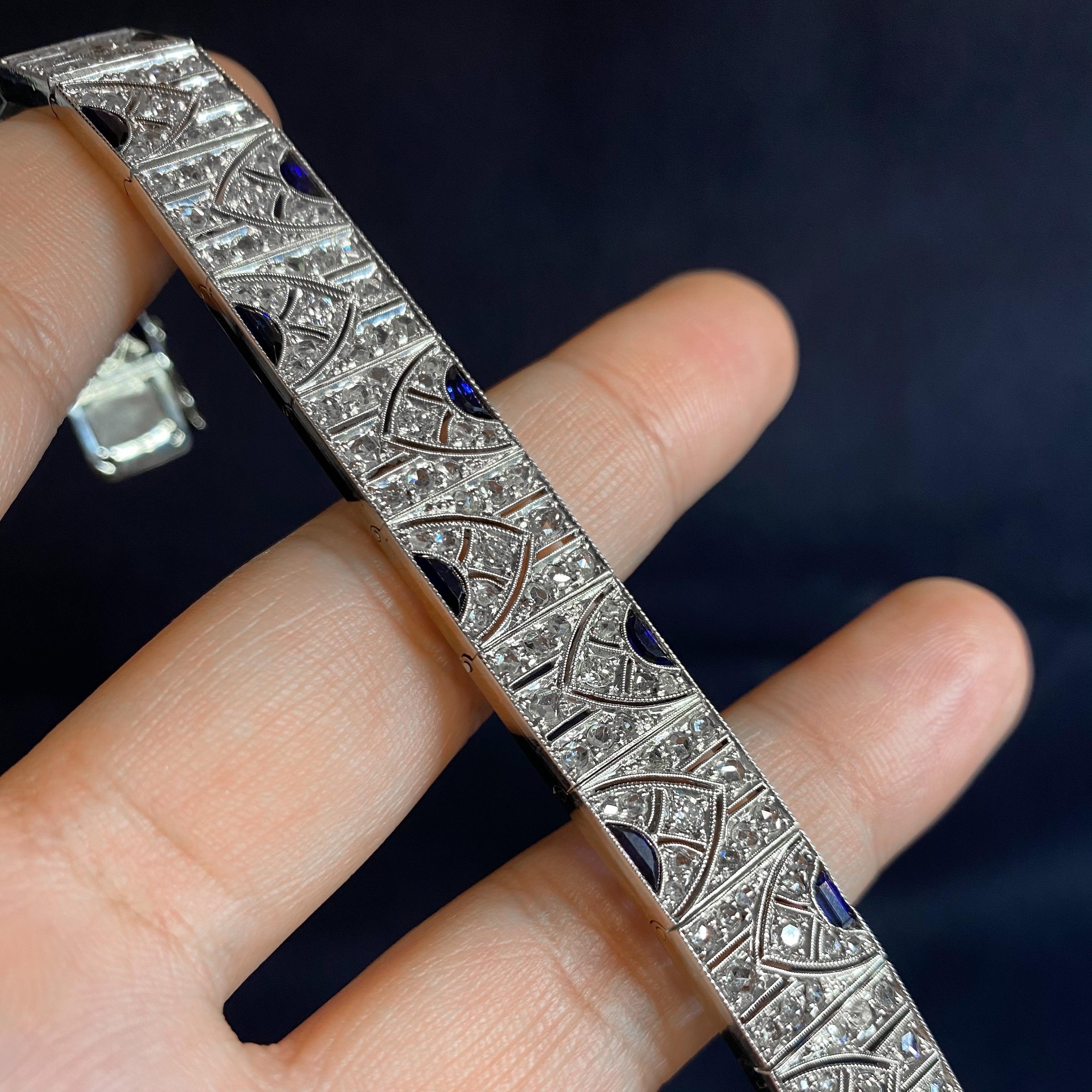 Art Deco Sapphire Diamond Geometric Bracelet Platinum Gold Portugal, 1920s-1930s 7