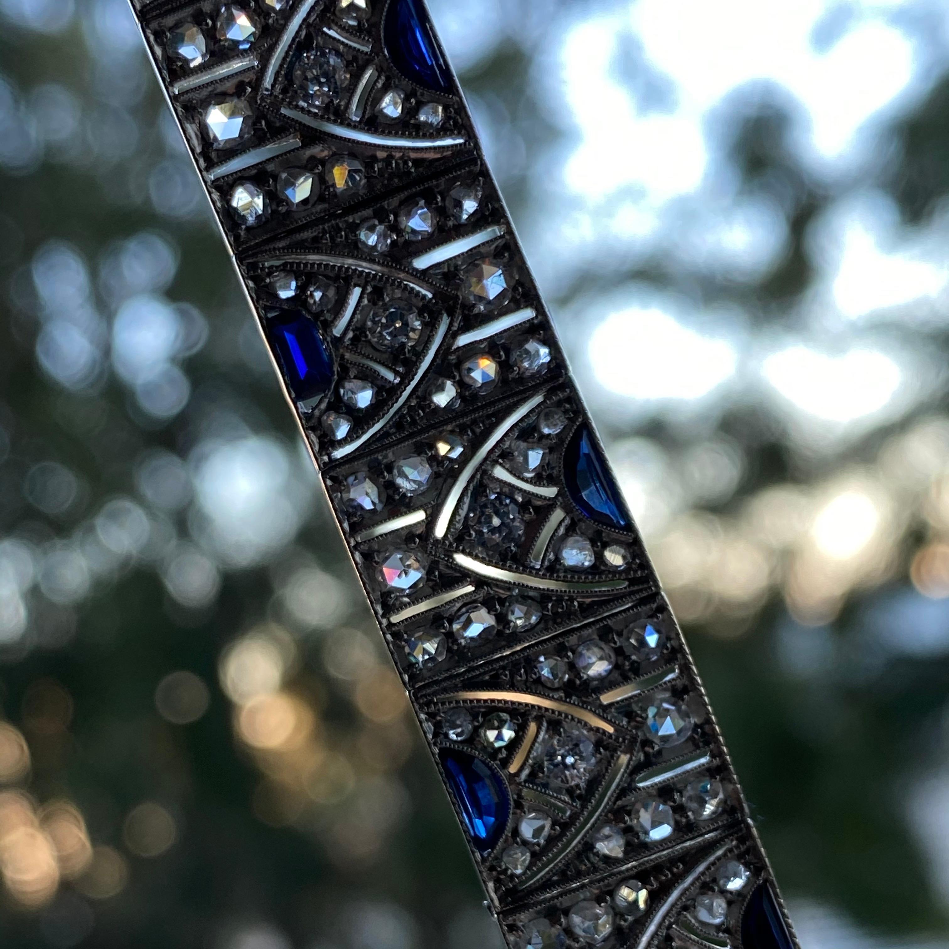 Old European Cut Art Deco Sapphire Diamond Geometric Bracelet Platinum Gold Portugal, 1920s-1930s