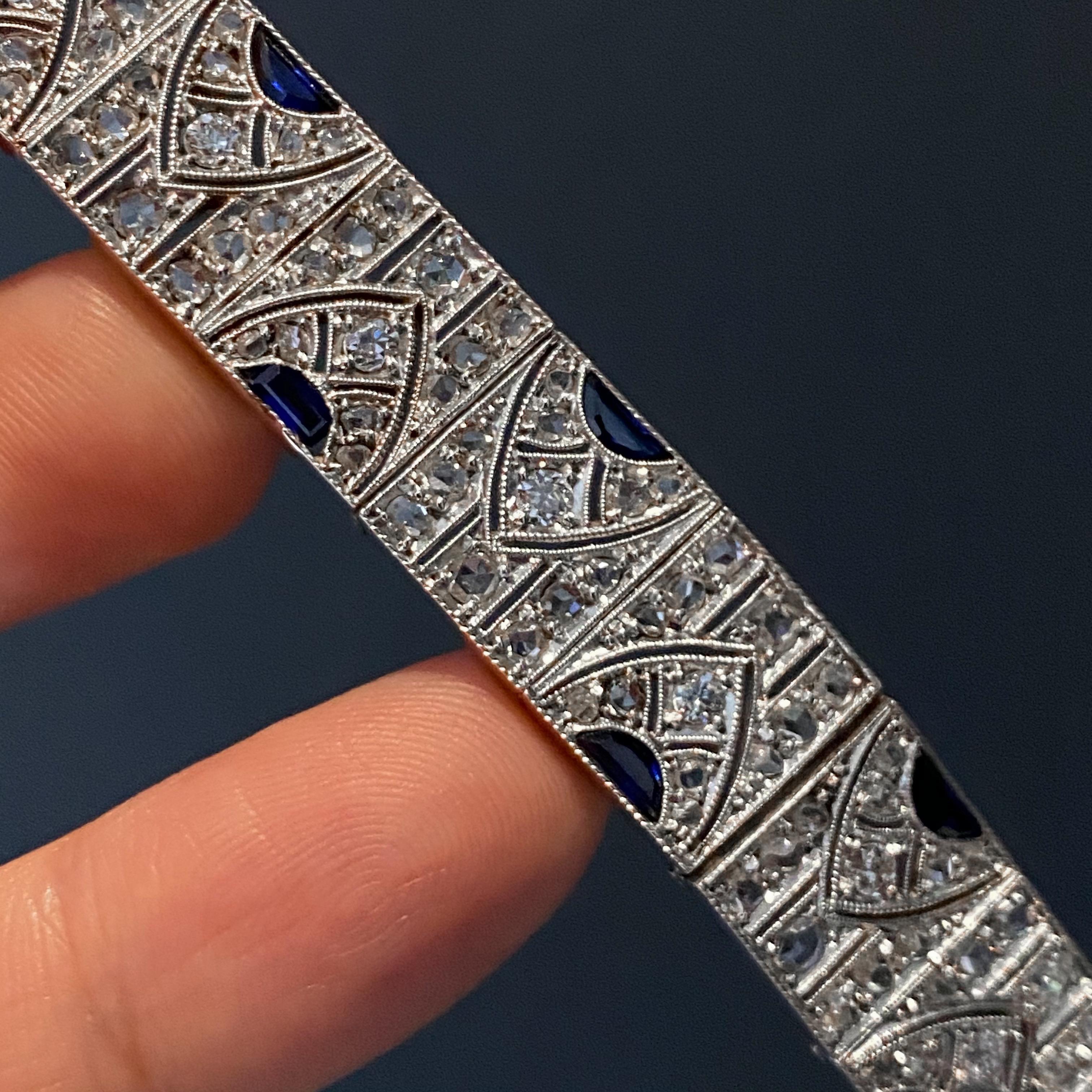 Art Deco Sapphire Diamond Geometric Bracelet Platinum Gold Portugal, 1920s-1930s 3