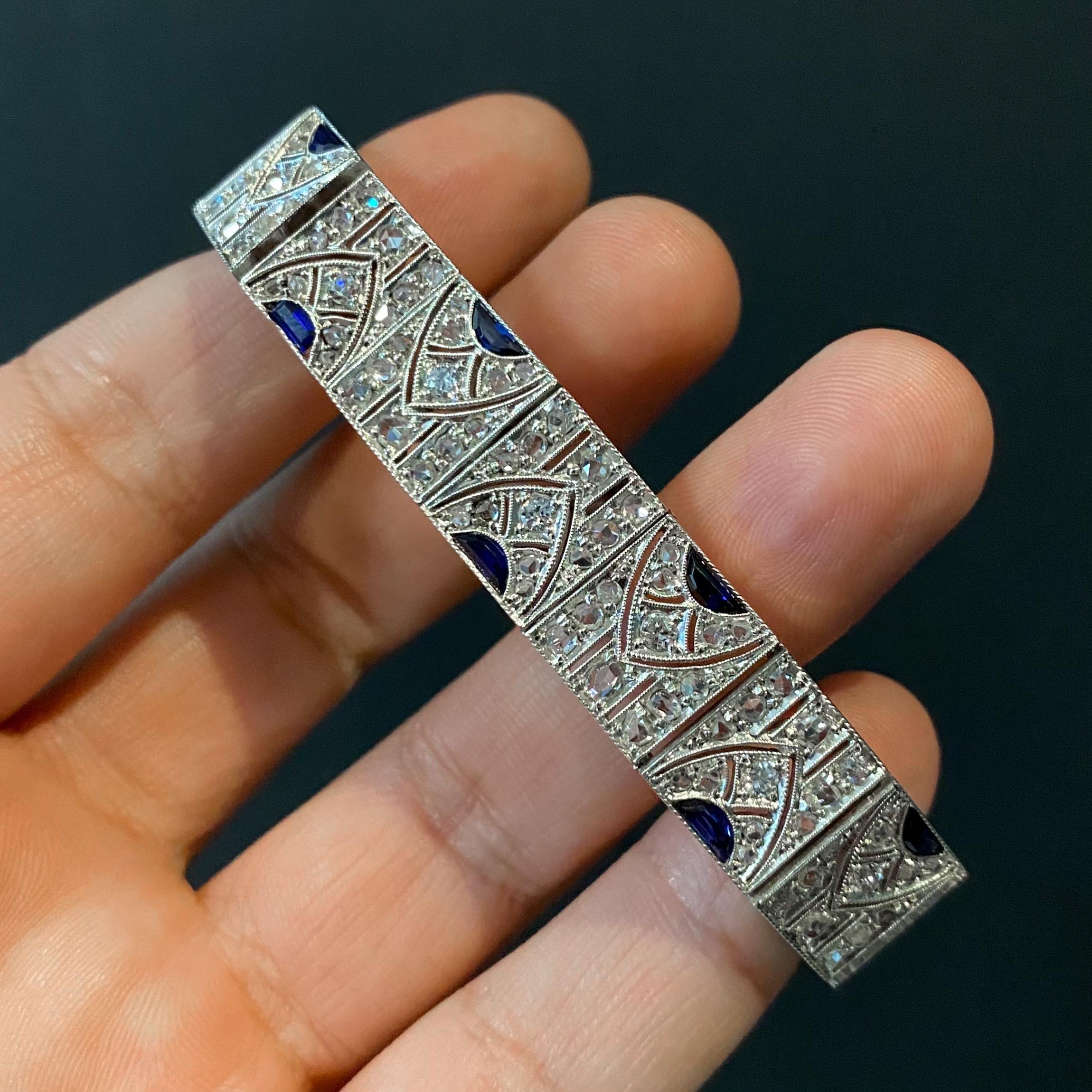 Art Deco Sapphire Diamond Geometric Bracelet Platinum Gold Portugal, 1920s-1930s 4