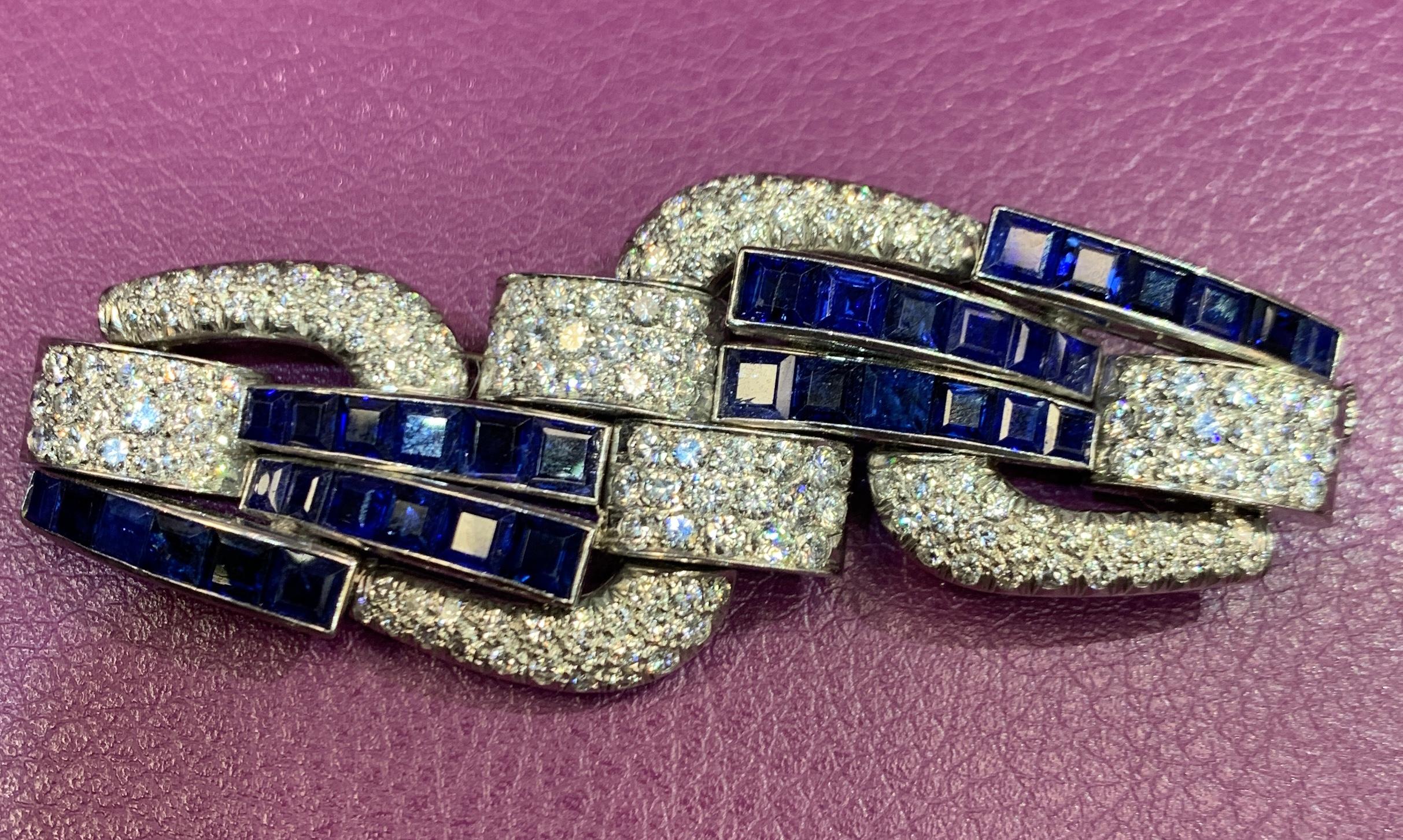 Round Cut Art Deco Sapphire and Diamond Geometric Brooch For Sale