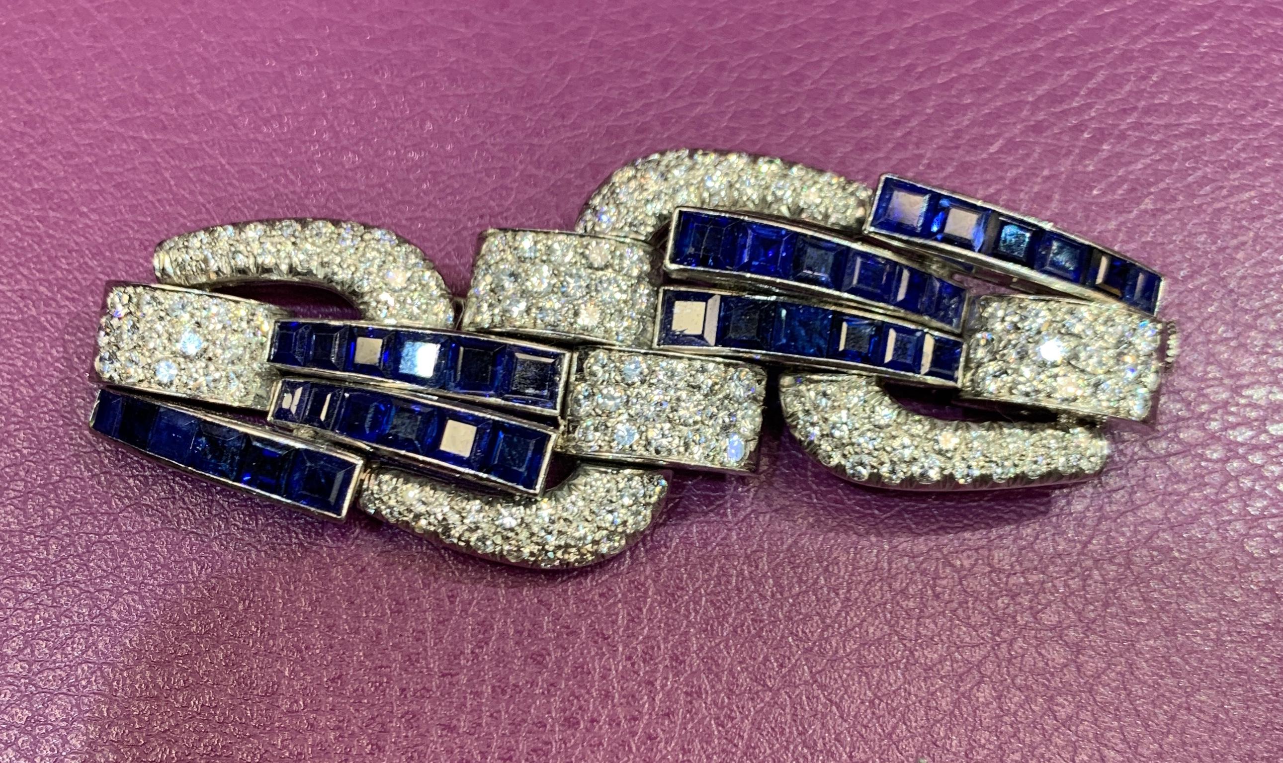 Art Deco Sapphire and Diamond Geometric Brooch In Excellent Condition For Sale In New York, NY