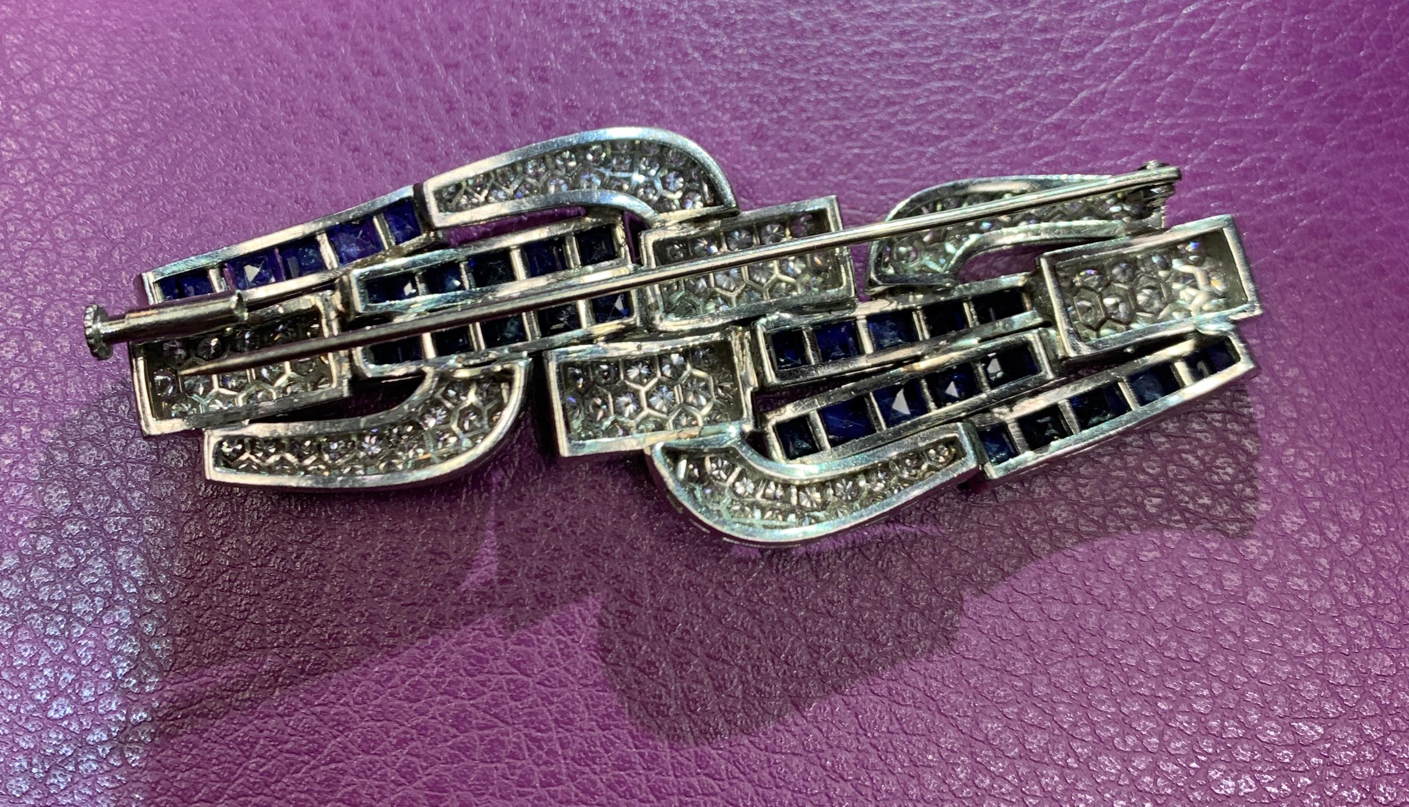Women's or Men's Art Deco Sapphire and Diamond Geometric Brooch For Sale
