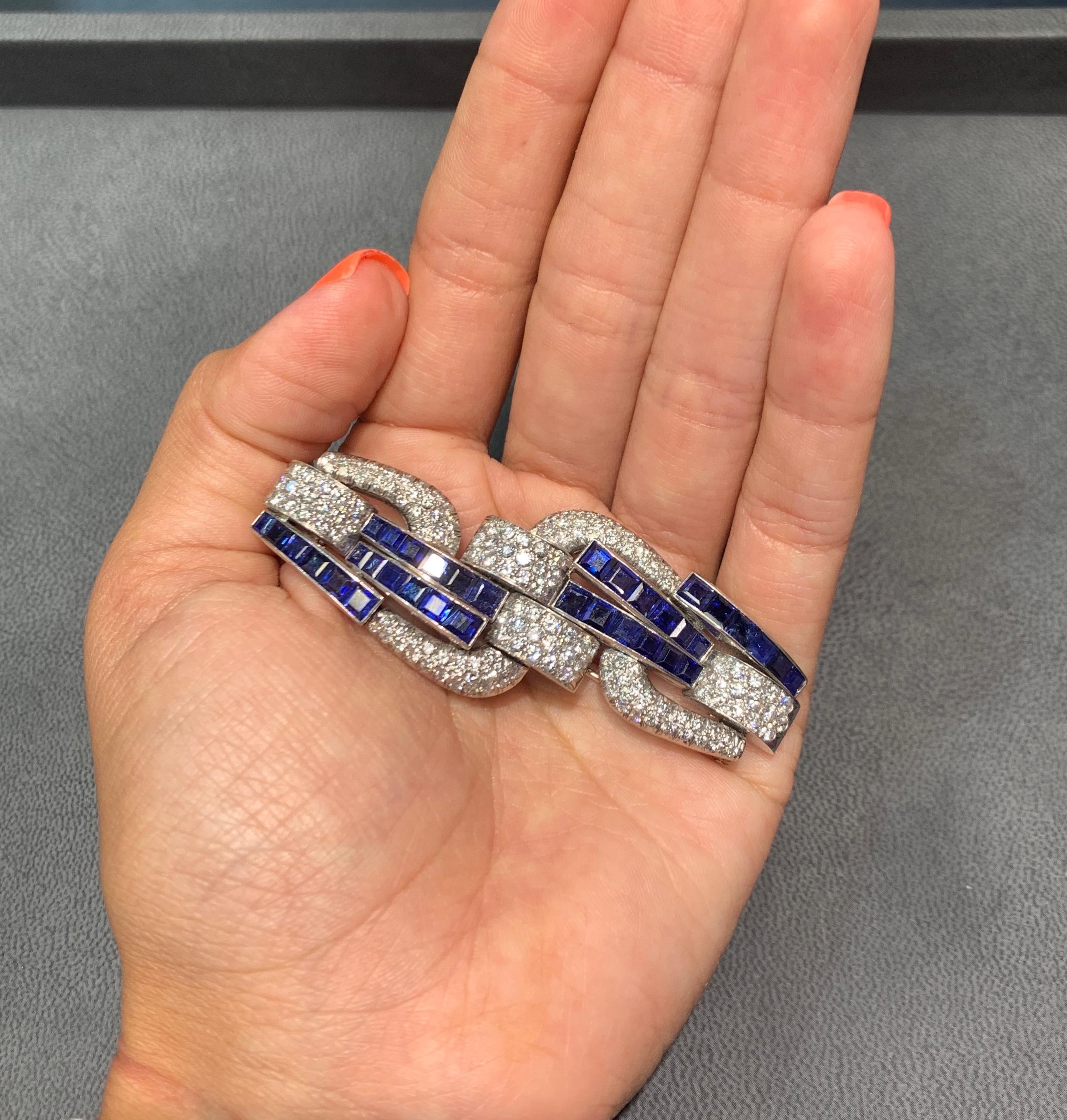 Art Deco Sapphire and Diamond Geometric Brooch For Sale 1