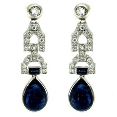 Art Deco Sapphire Diamond Gold Drop Earrings, 1930s