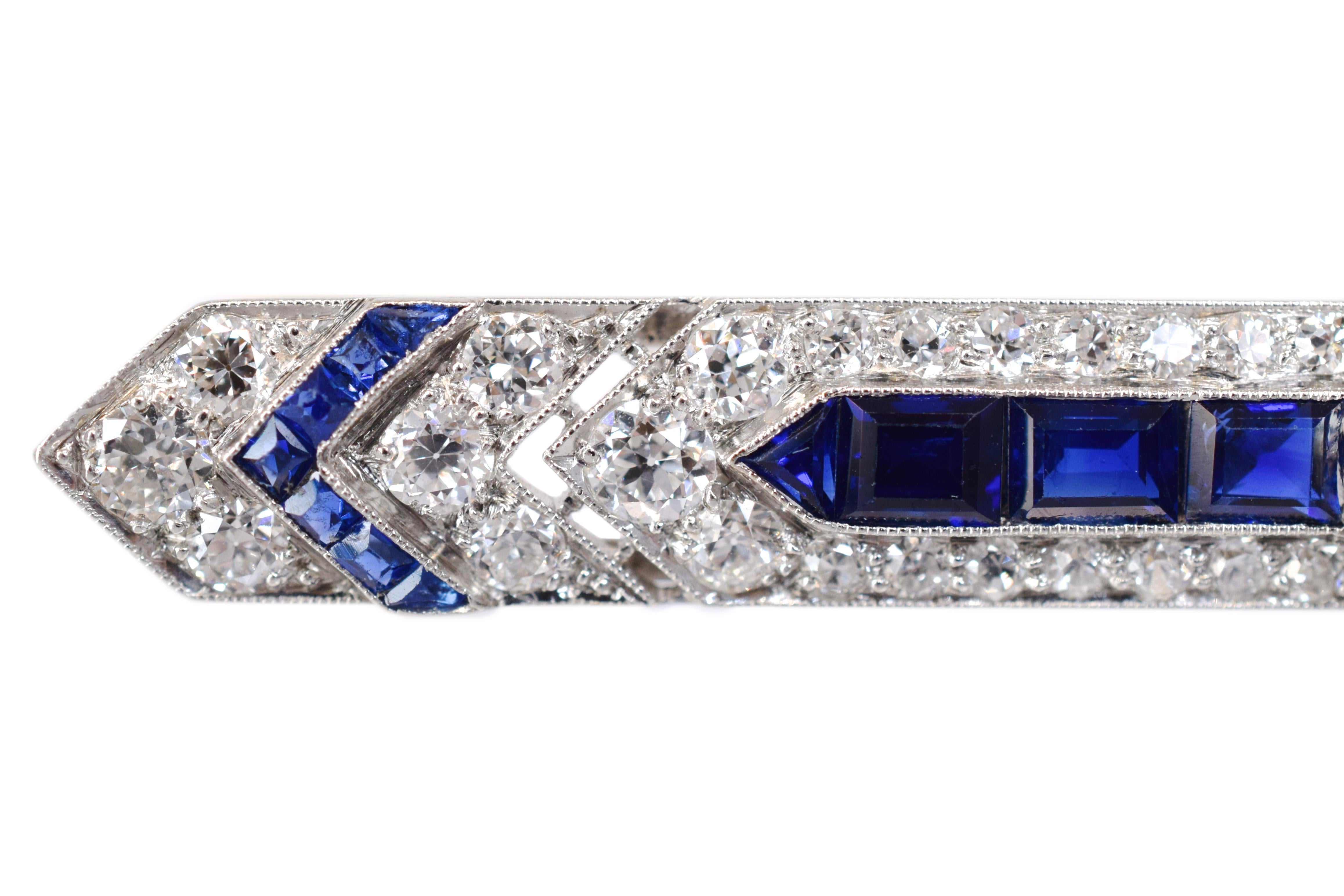 Art Deco Sapphire Diamond Gold Platinum Bar Pin For Sale 2