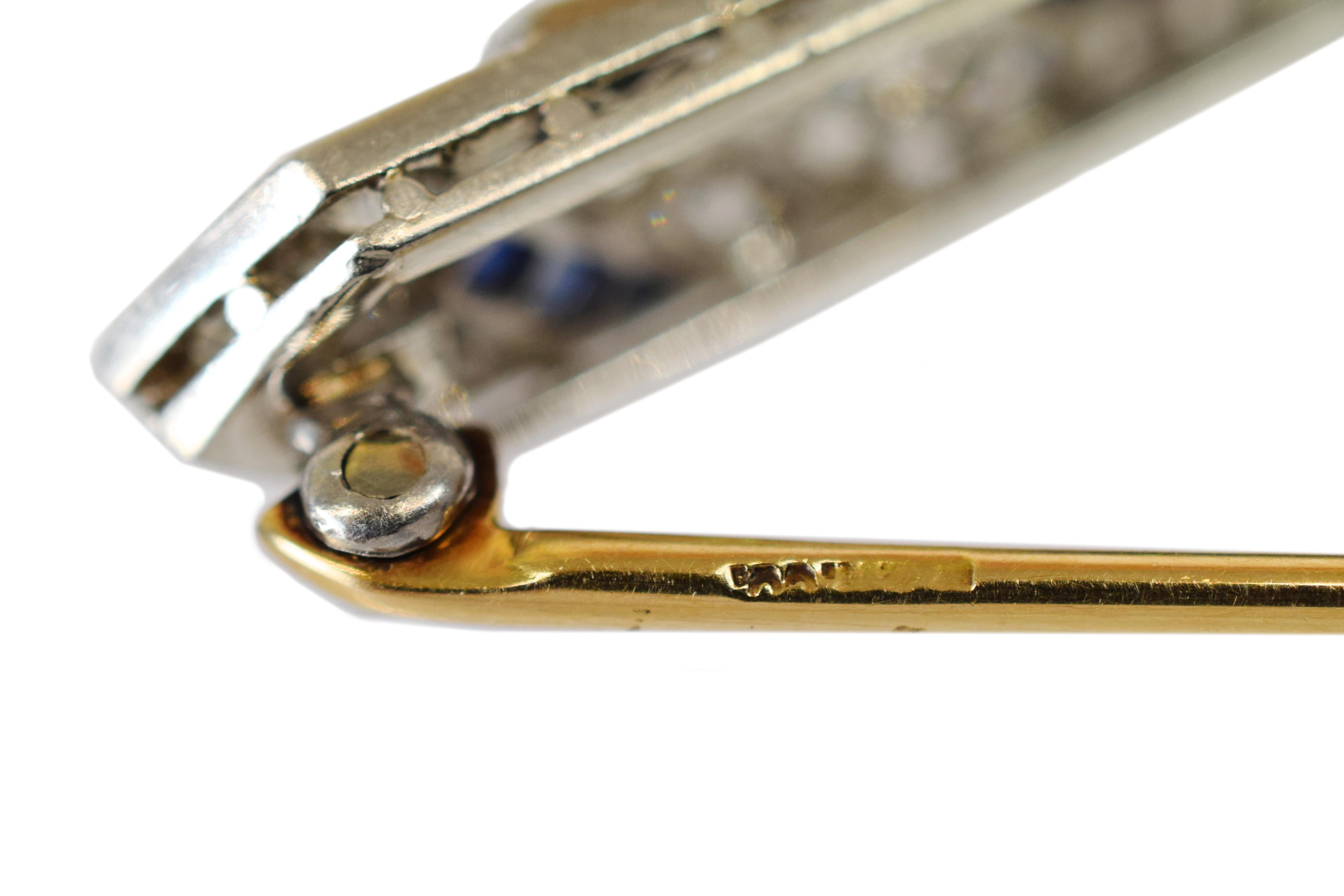 Women's Art Deco Sapphire Diamond Gold Platinum Bar Pin For Sale
