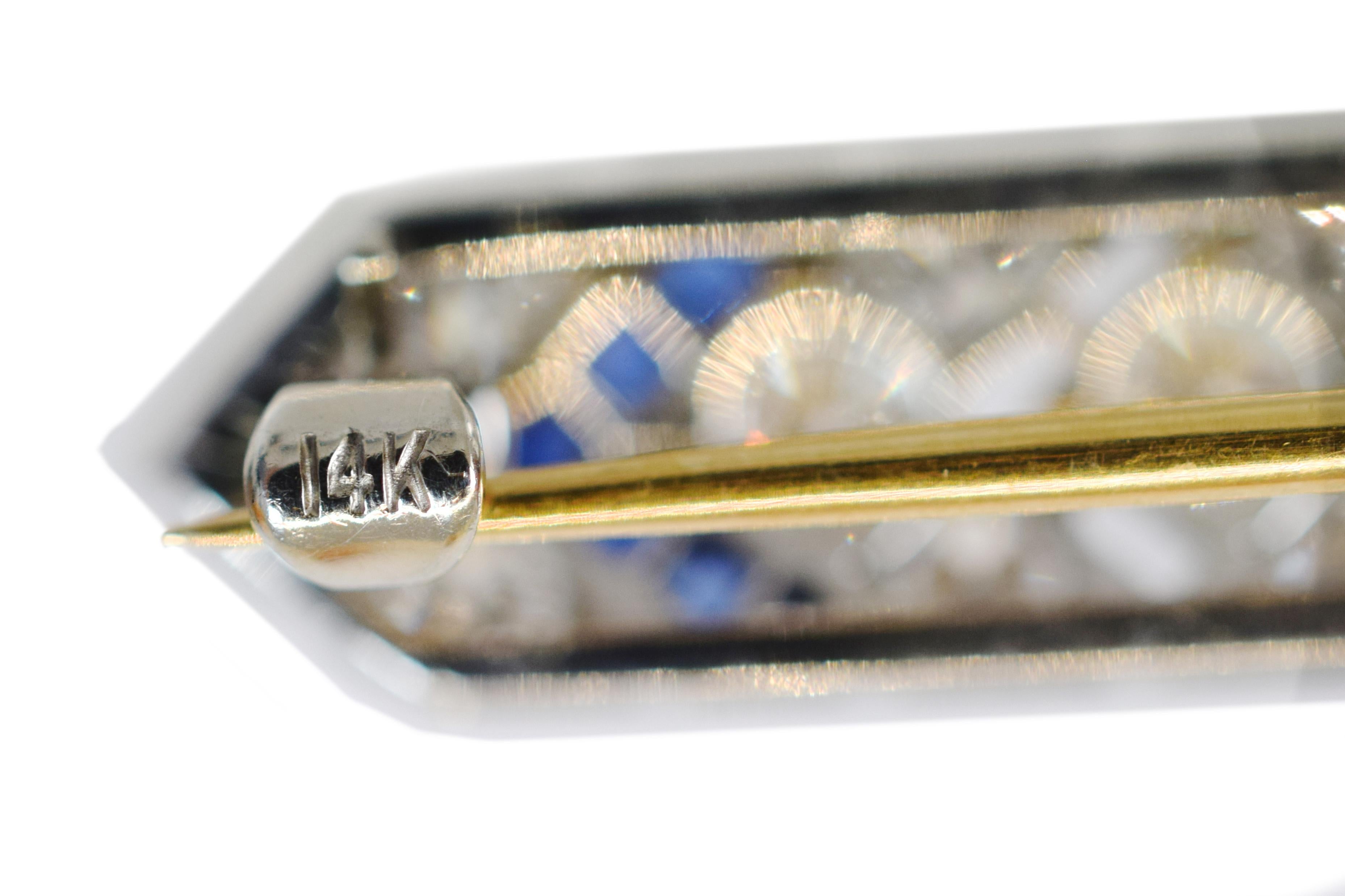 Art Deco Sapphire Diamond Gold Platinum Bar Pin For Sale 1