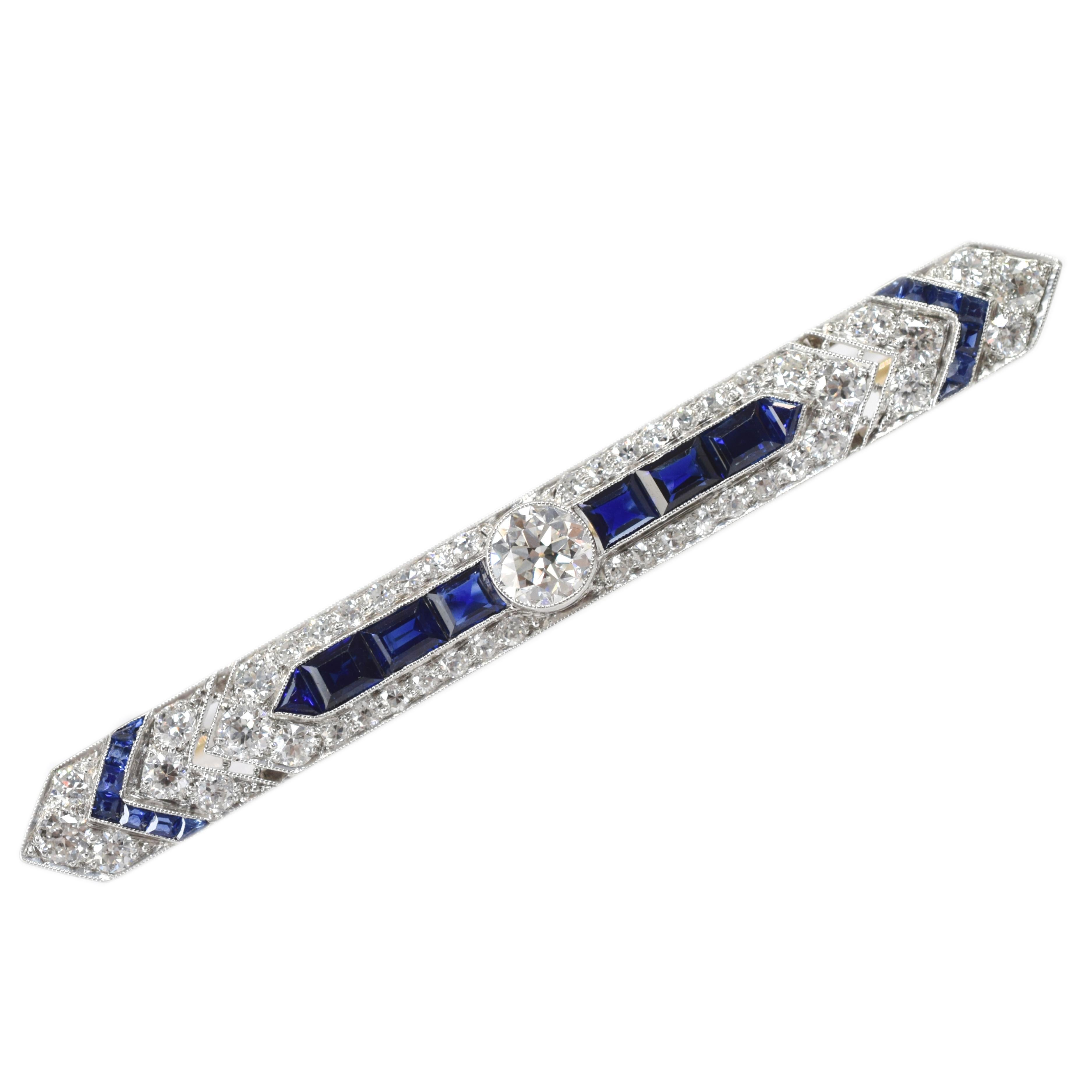 Art Deco Sapphire Diamond Gold Platinum Bar Pin