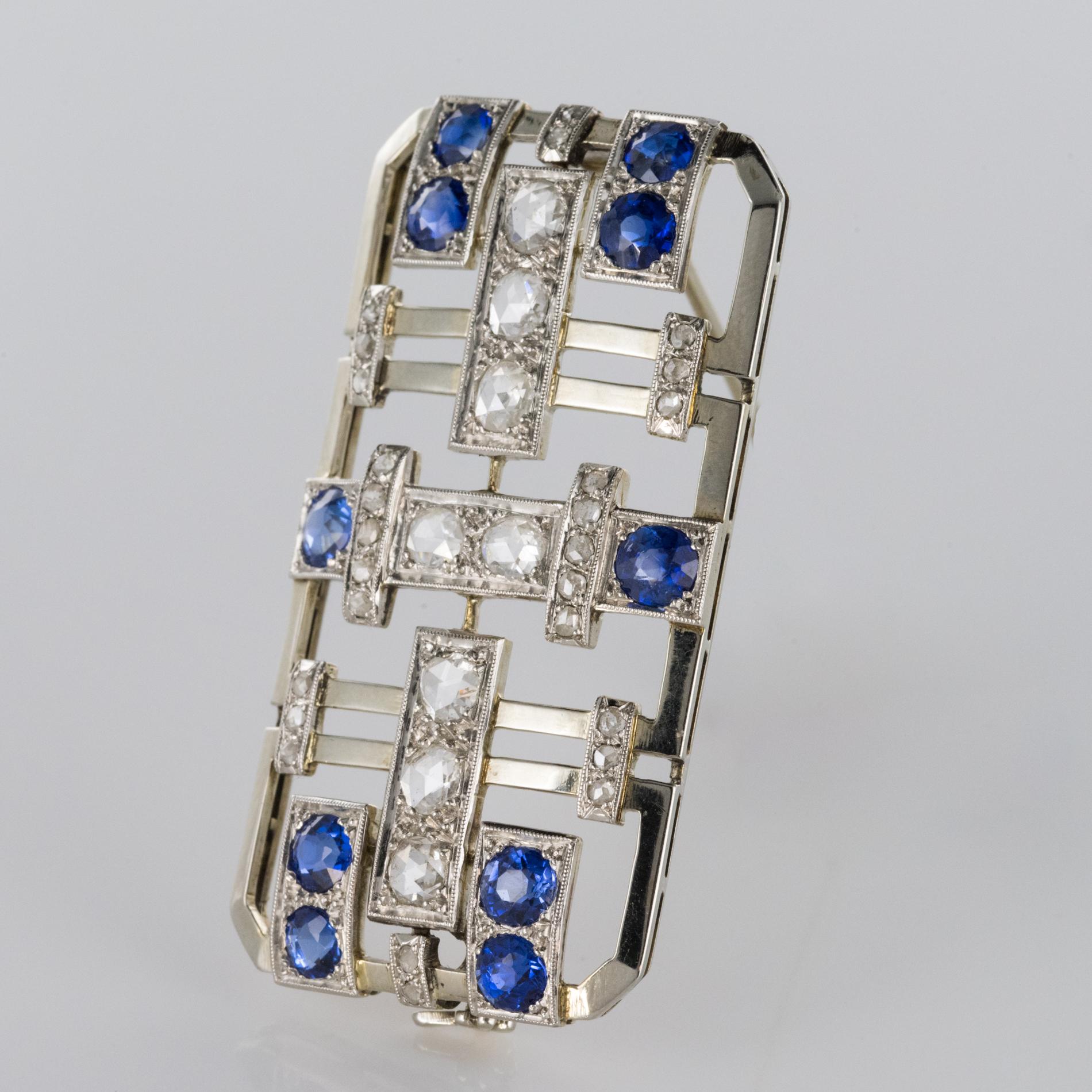 Art Deco Sapphire Diamond Gold Platinum Brooch In Good Condition In Poitiers, FR