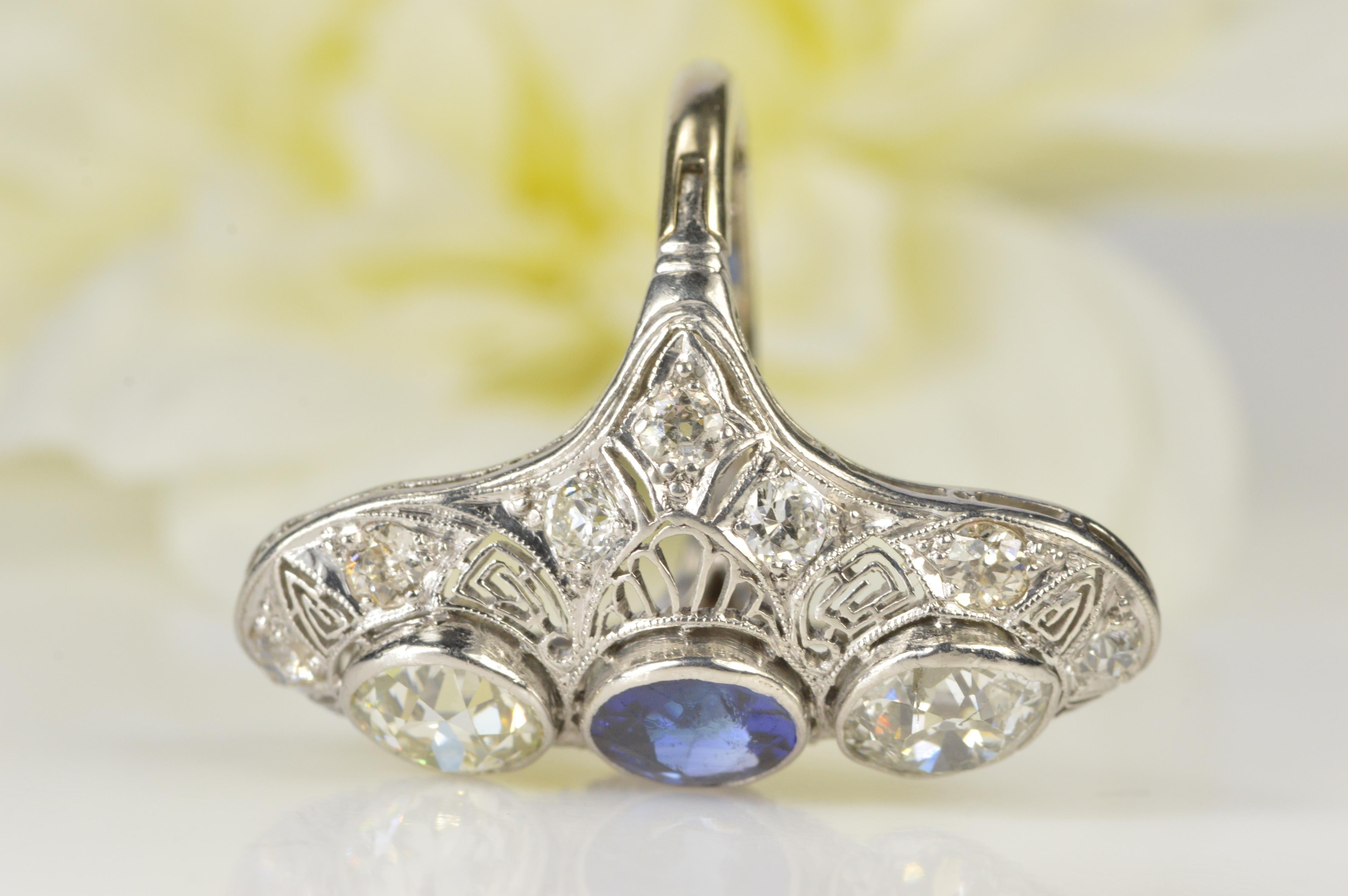 Round Cut Art Deco Sapphire Diamond Gold Platinum Filigree Ring For Sale