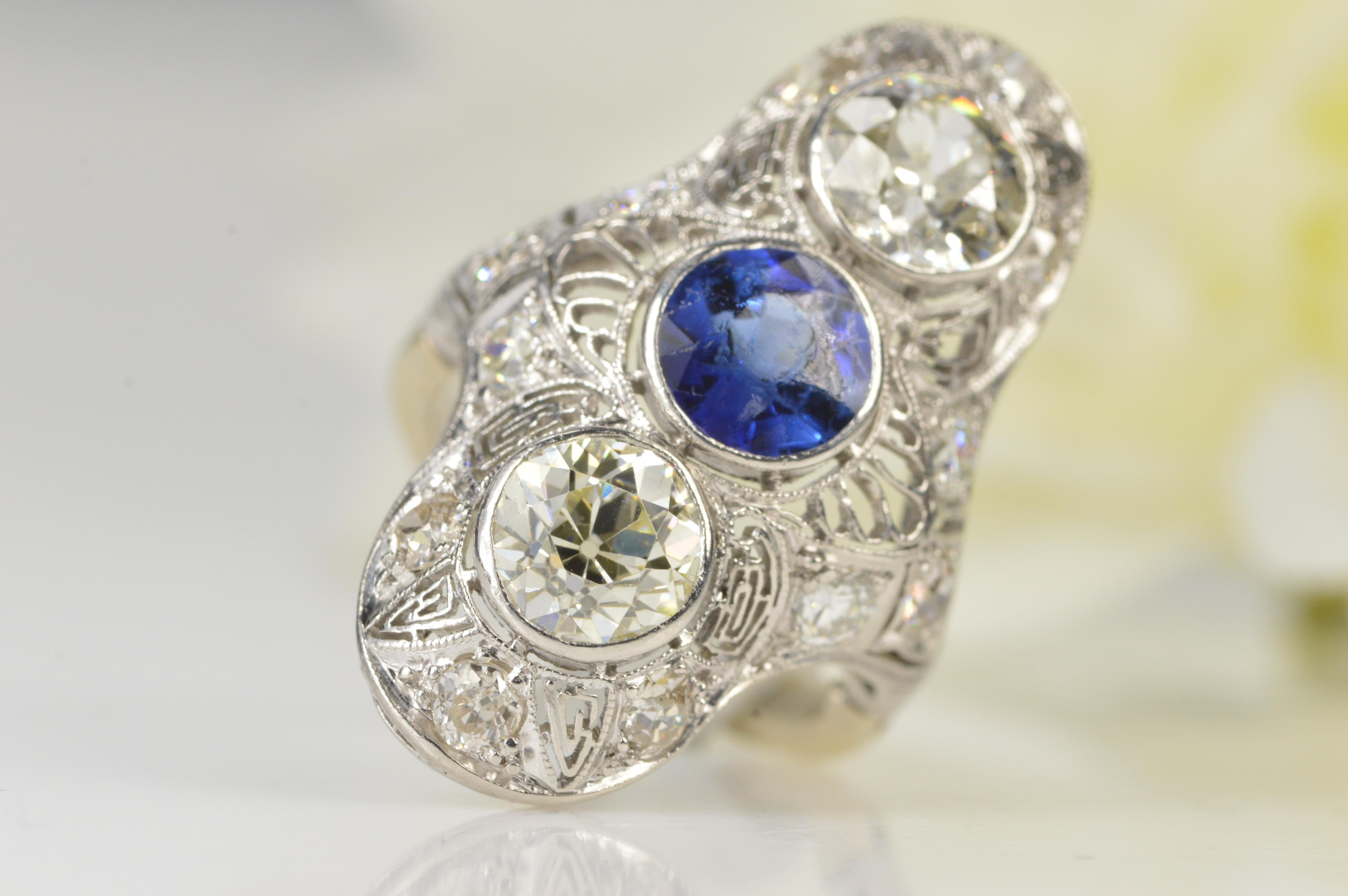 Art Deco Sapphire Diamond Gold Platinum Filigree Ring In Excellent Condition For Sale In Frederick, MD