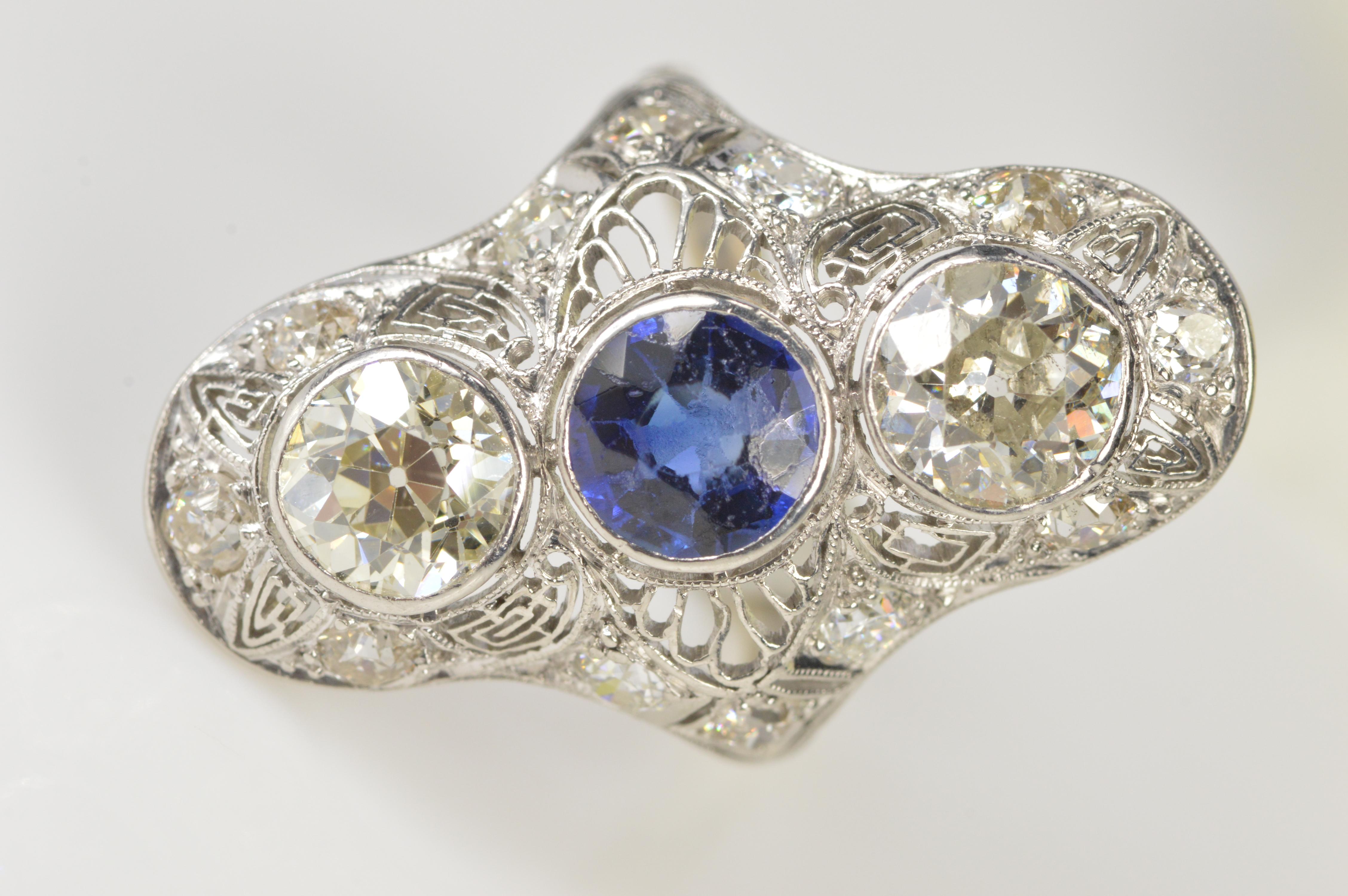 Women's Art Deco Sapphire Diamond Gold Platinum Filigree Ring For Sale