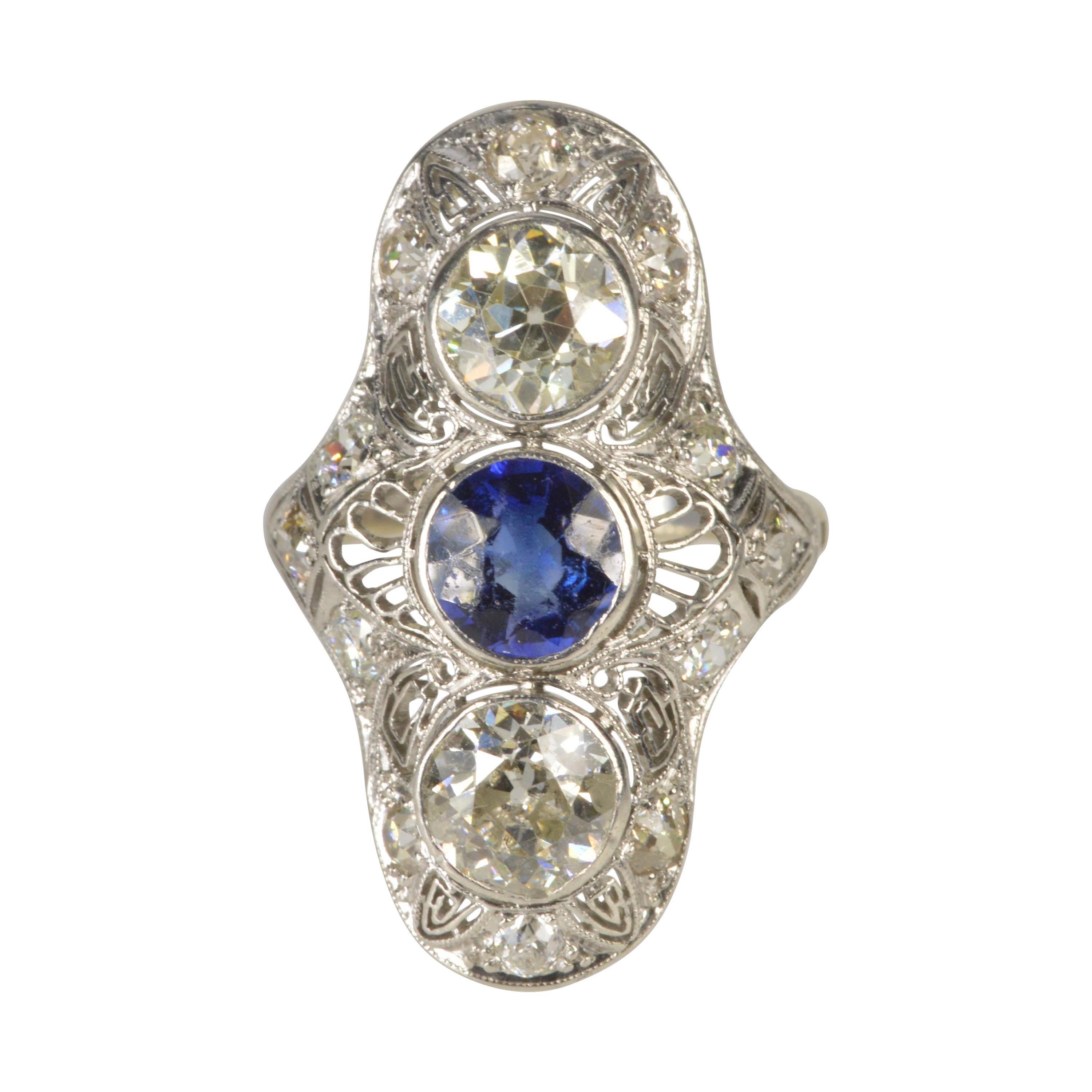 Art Deco Sapphire Diamond Gold Platinum Filigree Ring For Sale