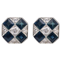 Antique Art Deco Sapphire Diamond Gold Stud Earrings