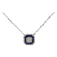 Art Deco Sapphire Diamond Halo Pendant Necklace 0.65 Carats 18 Karat White Gold
