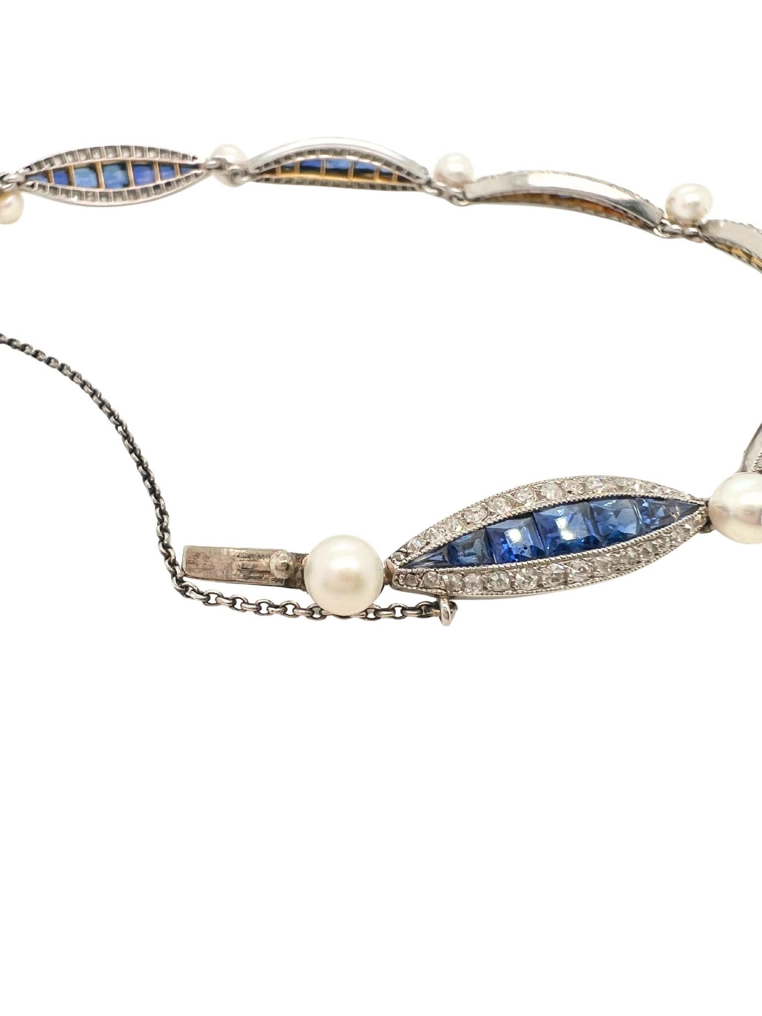 Art Déco Bracciale Art Deco con zaffiro, diamante, perla, platino e oro in vendita