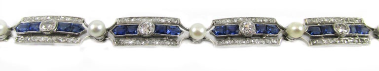 Mixed Cut Art Deco Sapphire Diamond Pearl Platinum French Bracelet For Sale