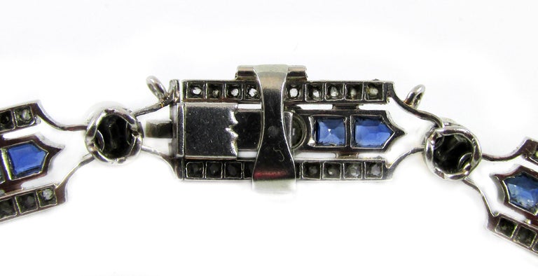 Women's or Men's Art Deco Sapphire Diamond Pearl Platinum French Bracelet For Sale