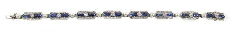 Art Deco Sapphire Diamond Pearl Platinum French Bracelet For Sale 1