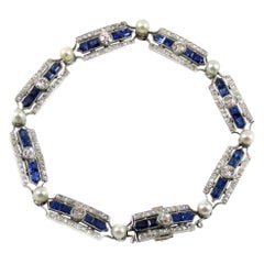 Art Deco Sapphire Diamond Pearl Platinum French Bracelet