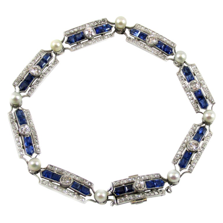 Art Deco Sapphire Diamond Pearl Platinum French Bracelet For Sale