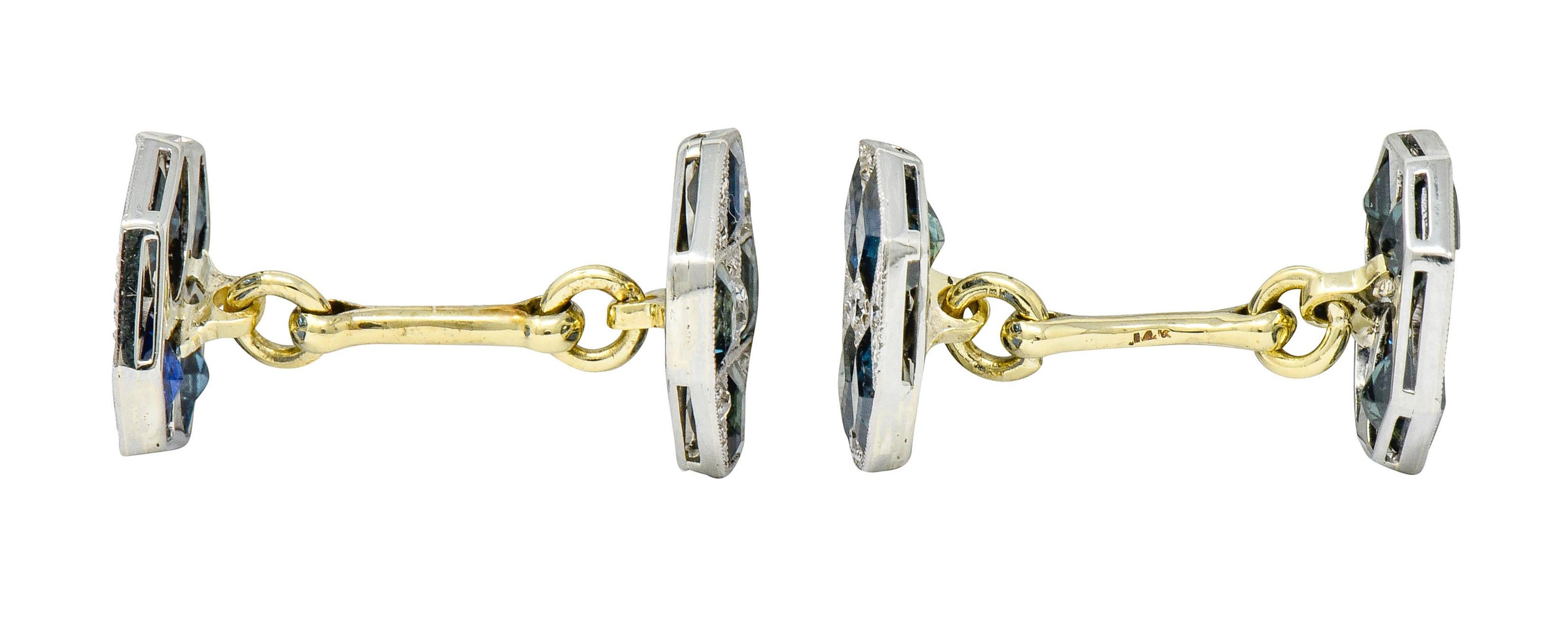 Link style cufflinks terminating as milgrain platinum octagonal forms

Each centering a bead set round brilliant cut diamond, with single cut diamond accents, weighing in total approximatley 0.72 carat; G to I color with VS and SI