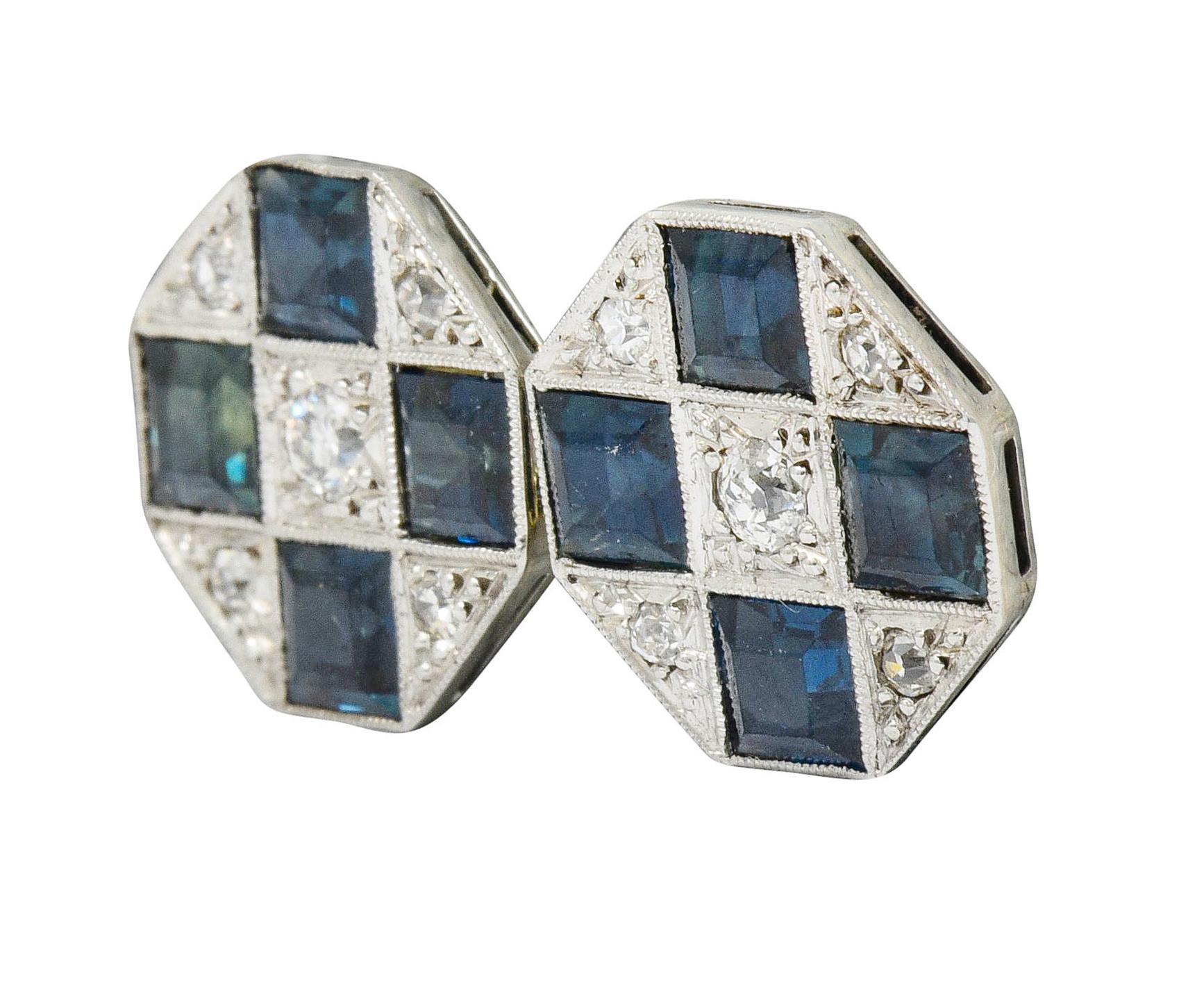 Brilliant Cut Art Deco Sapphire Diamond Platinum 14 Karat Gold Men's Octagonal Cufflinks