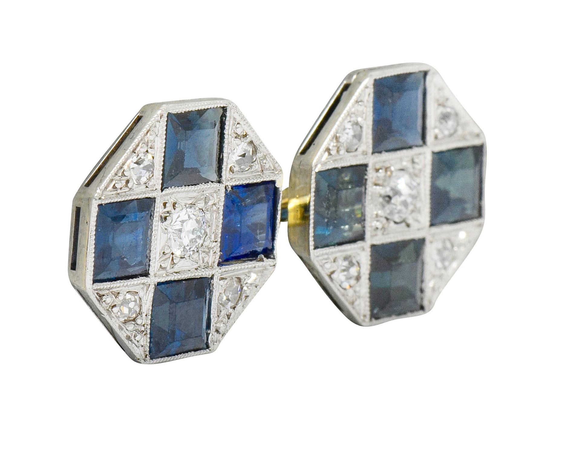 Art Deco Sapphire Diamond Platinum 14 Karat Gold Men's Octagonal Cufflinks In Excellent Condition In Philadelphia, PA