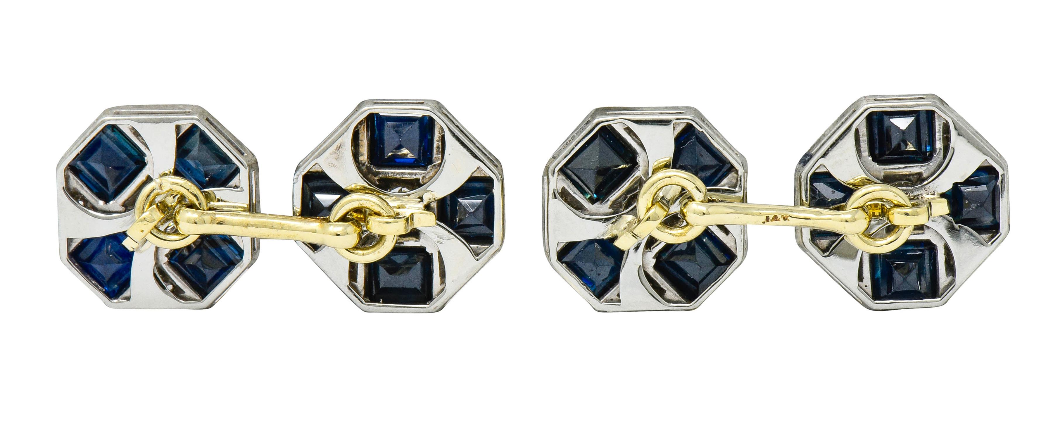 Art Deco Sapphire Diamond Platinum 14 Karat Gold Men's Octagonal Cufflinks 1