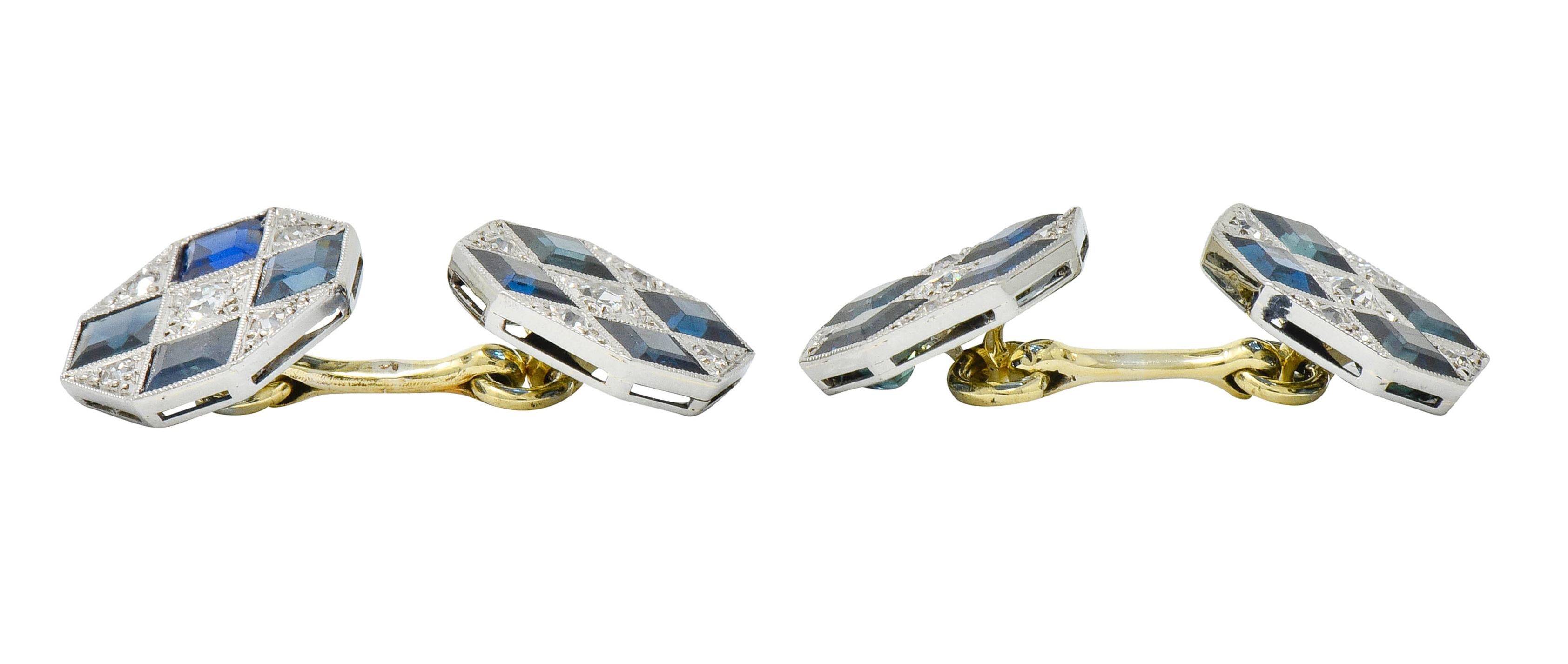 Art Deco Sapphire Diamond Platinum 14 Karat Gold Men's Octagonal Cufflinks 2
