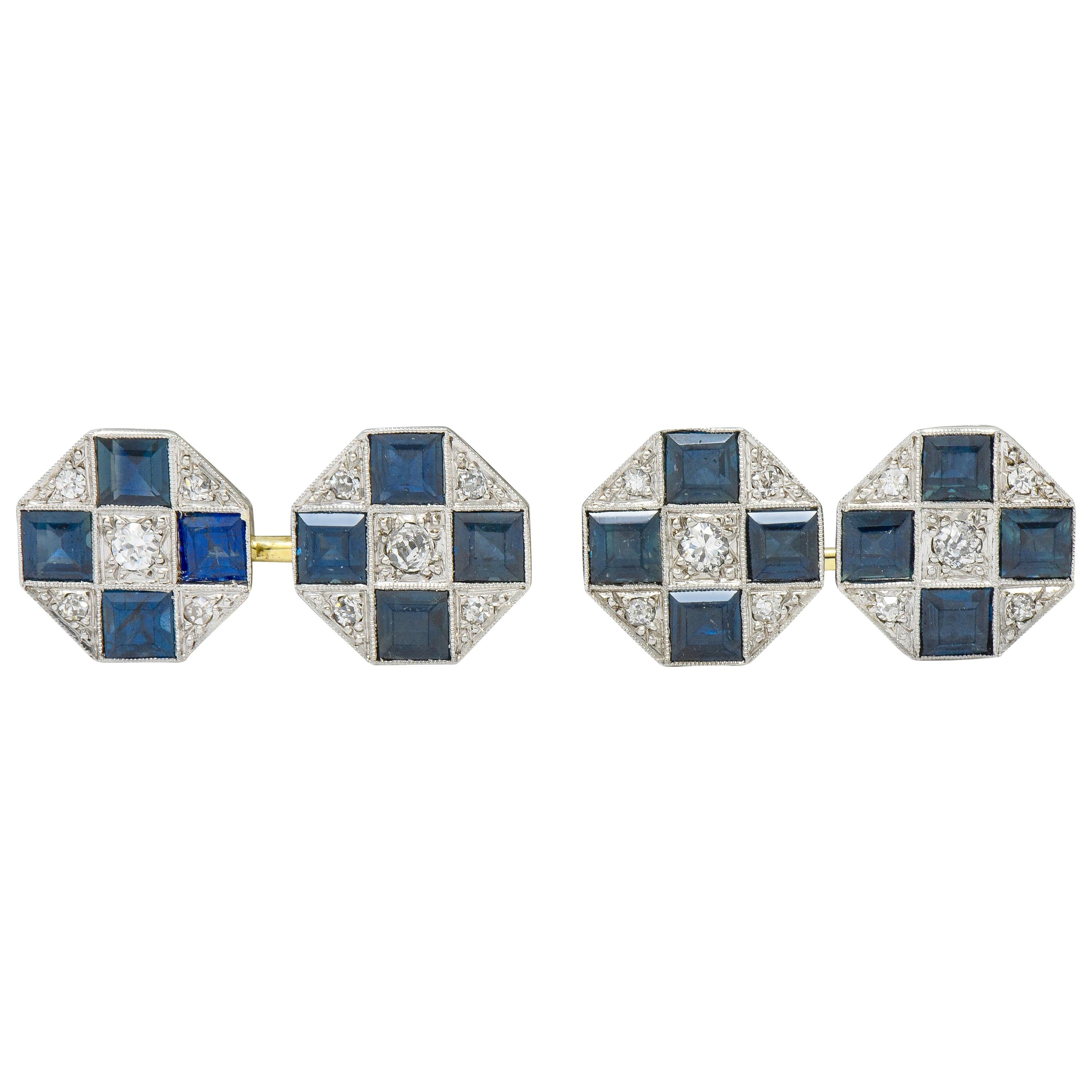 Art Deco Sapphire Diamond Platinum 14 Karat Gold Men's Octagonal Cufflinks