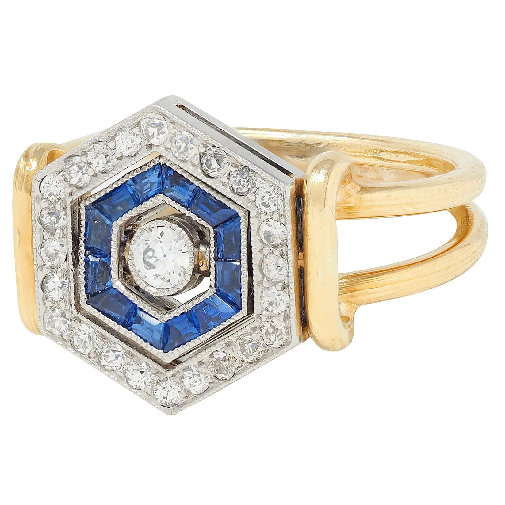 Art Deco Sapphire Diamond Platinum 18 Karat Yellow Gold Vintage Flip Ring For Sale 6