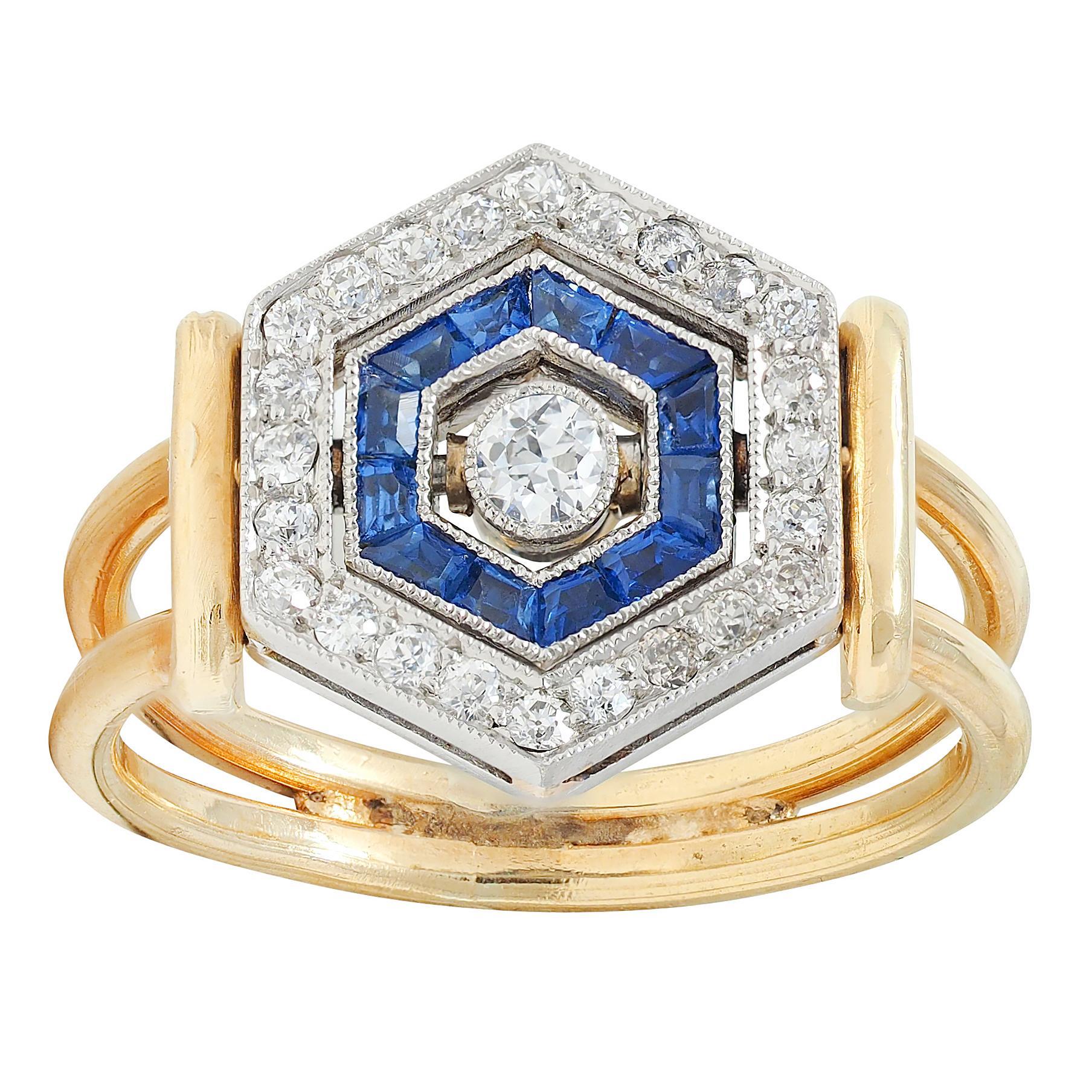 Art Deco Sapphire Diamond Platinum 18 Karat Yellow Gold Vintage Flip Ring For Sale 7
