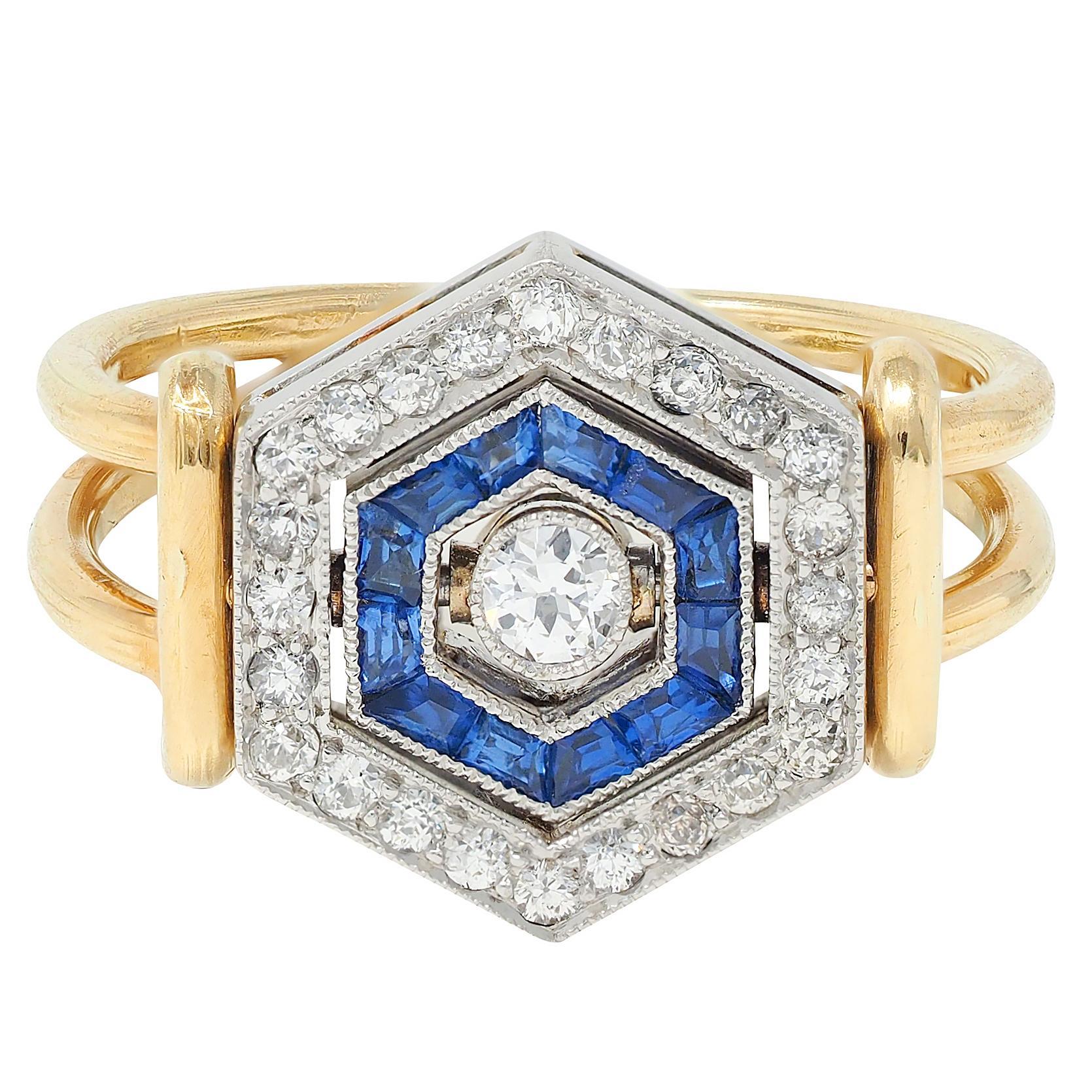 Mixed Cut Art Deco Sapphire Diamond Platinum 18 Karat Yellow Gold Vintage Flip Ring For Sale