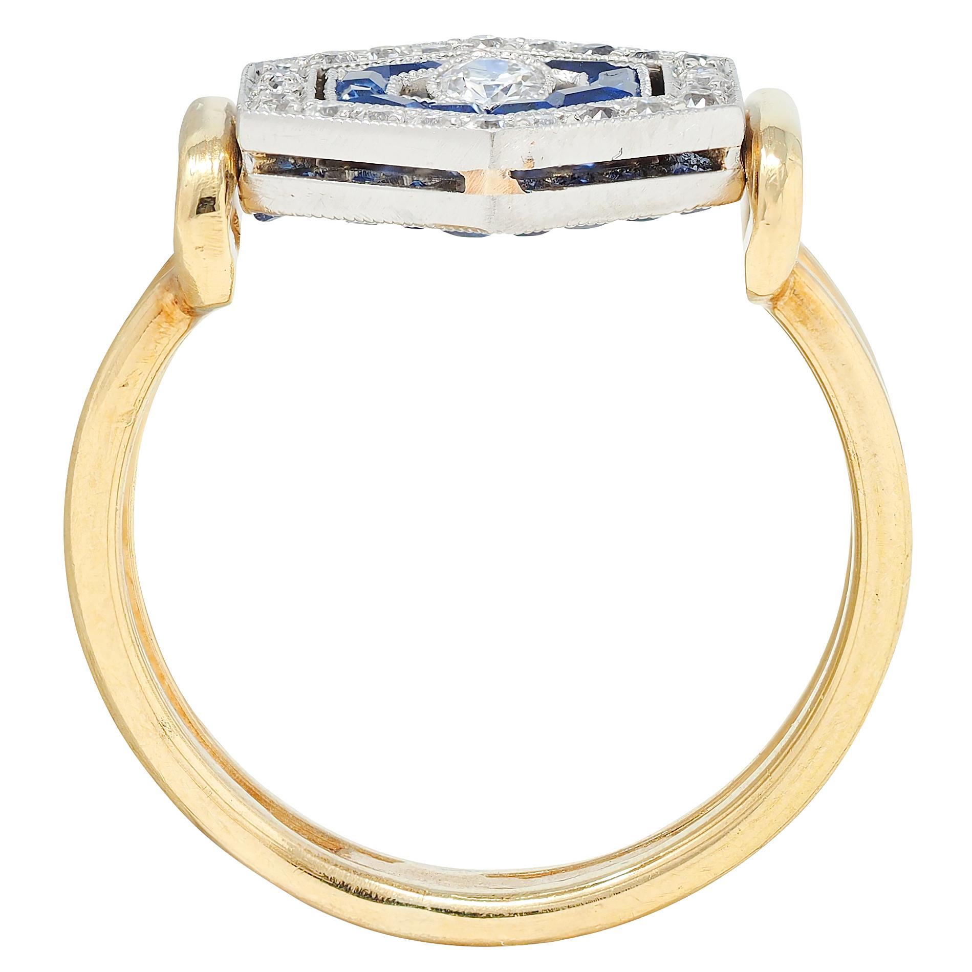 Women's or Men's Art Deco Sapphire Diamond Platinum 18 Karat Yellow Gold Vintage Flip Ring For Sale
