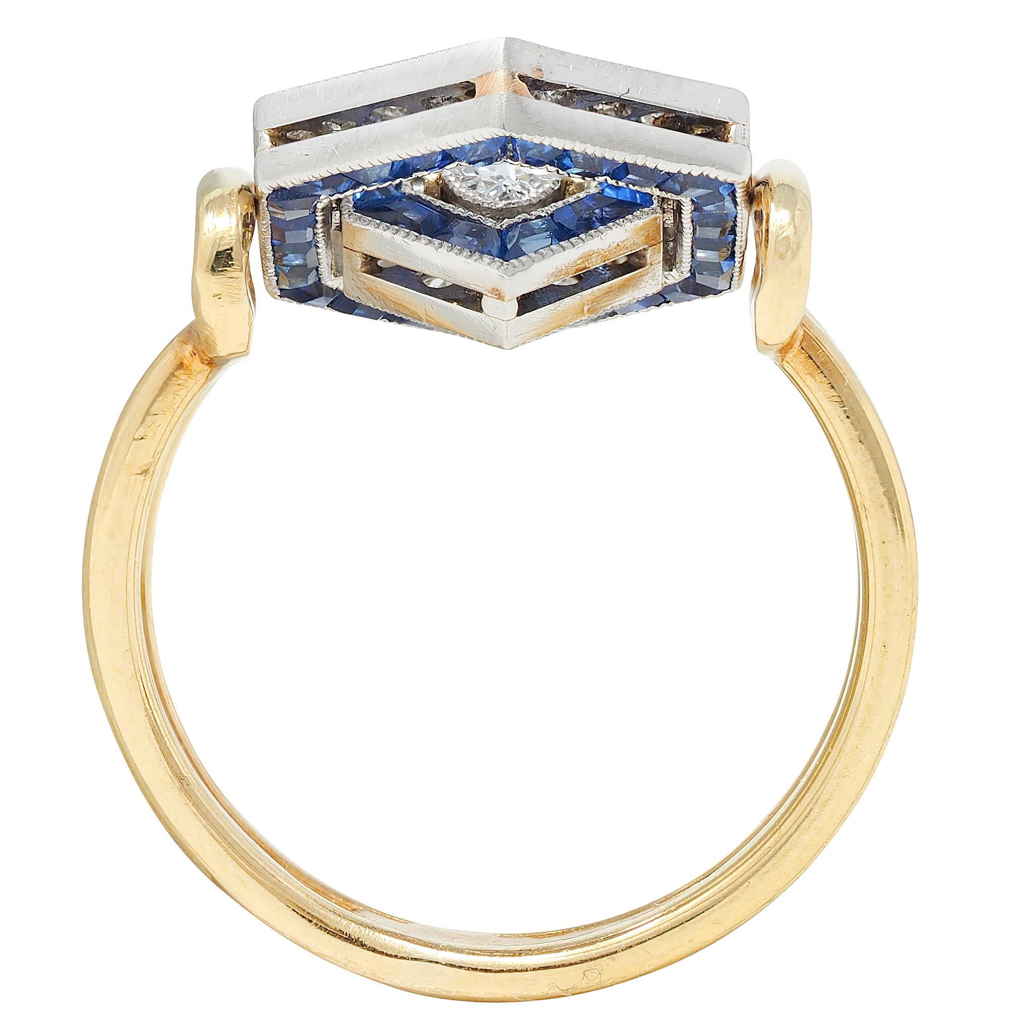 Art Deco Sapphire Diamond Platinum 18 Karat Yellow Gold Vintage Flip Ring For Sale 1
