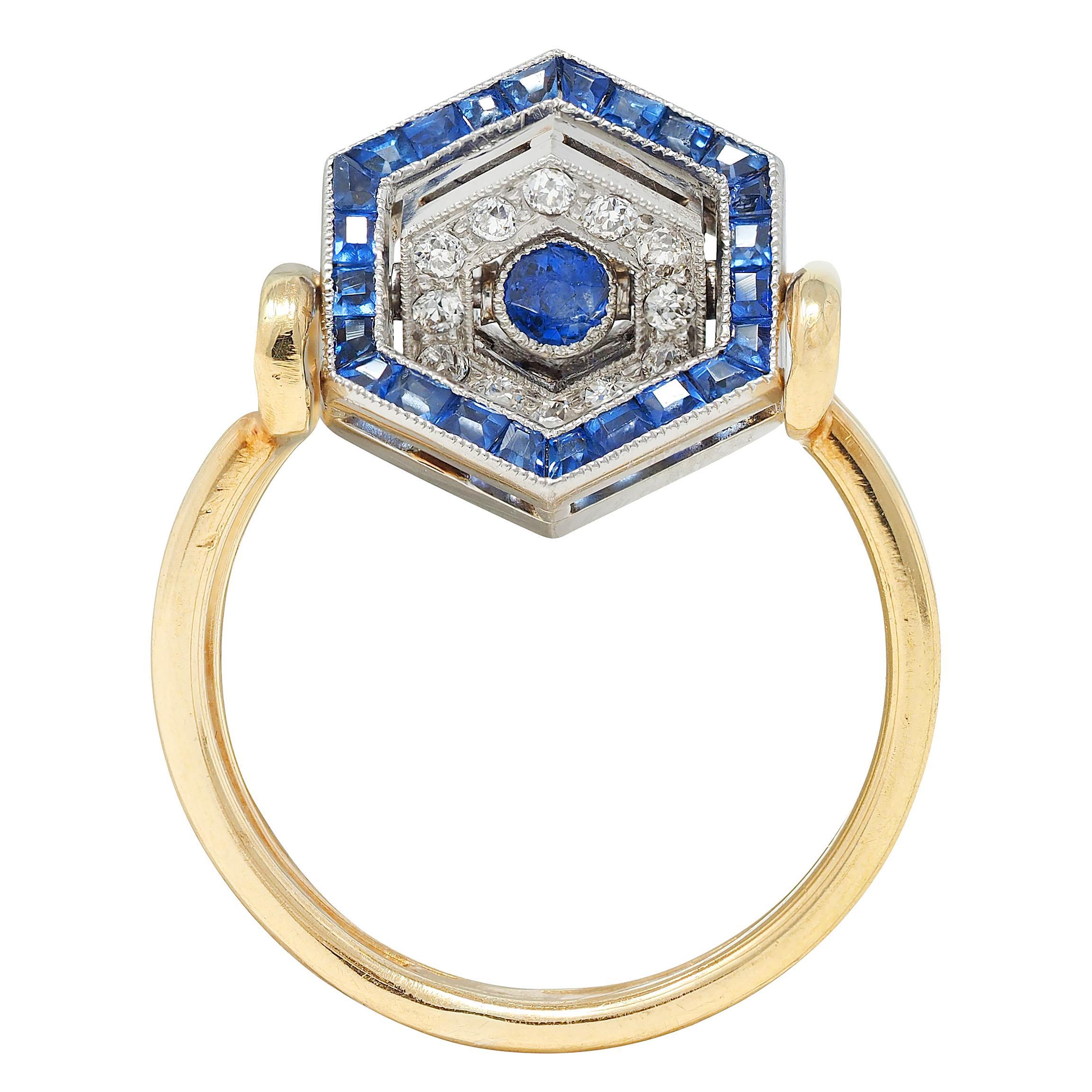 Art Deco Sapphire Diamond Platinum 18 Karat Yellow Gold Vintage Flip Ring For Sale 2